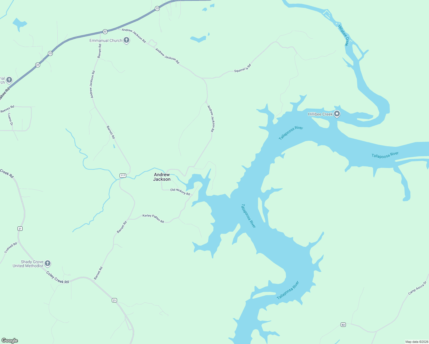map of restaurants, bars, coffee shops, grocery stores, and more near 463-699 Andrew Jackson Road in Alexander City