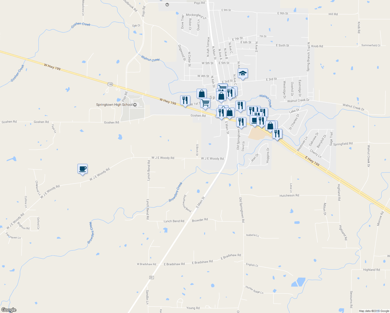 map of restaurants, bars, coffee shops, grocery stores, and more near 120 West J E Woody Road in Springtown