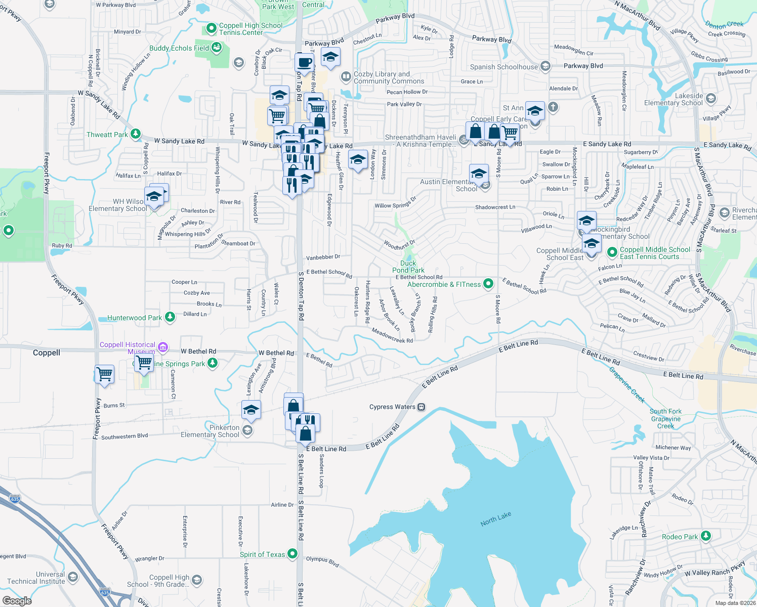 map of restaurants, bars, coffee shops, grocery stores, and more near 525 Arbor Brook Lane in Coppell