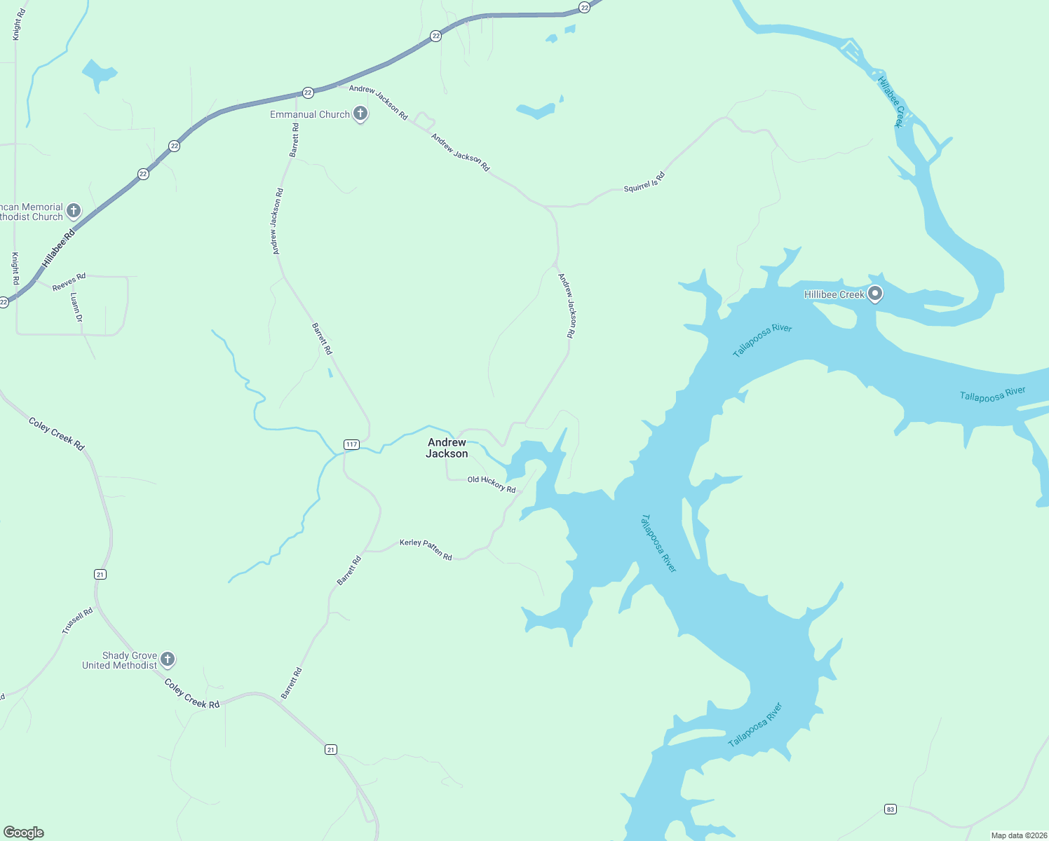 map of restaurants, bars, coffee shops, grocery stores, and more near 462 Andrew Jackson Road in Alexander City