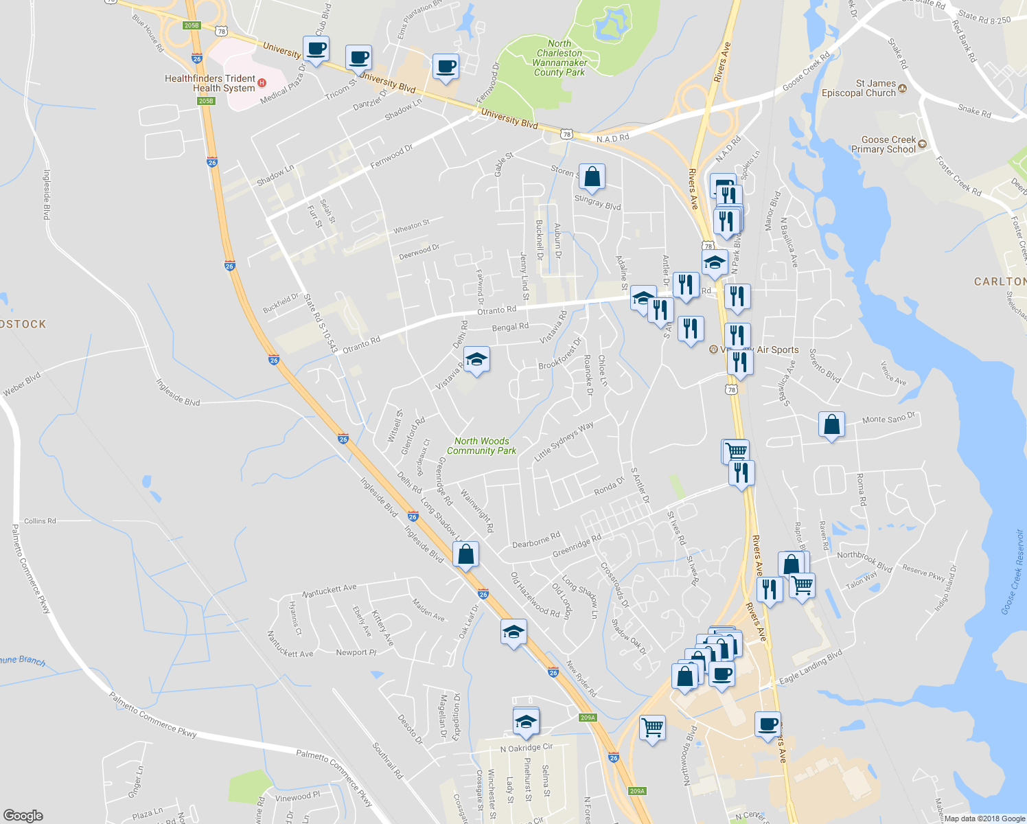 map of restaurants, bars, coffee shops, grocery stores, and more near 8533 Brookforest Drive in North Charleston