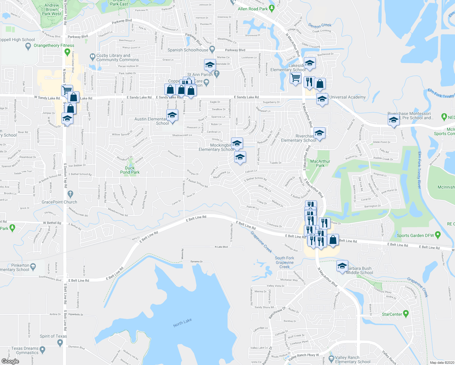 map of restaurants, bars, coffee shops, grocery stores, and more near 731 Falcon Lane in Coppell