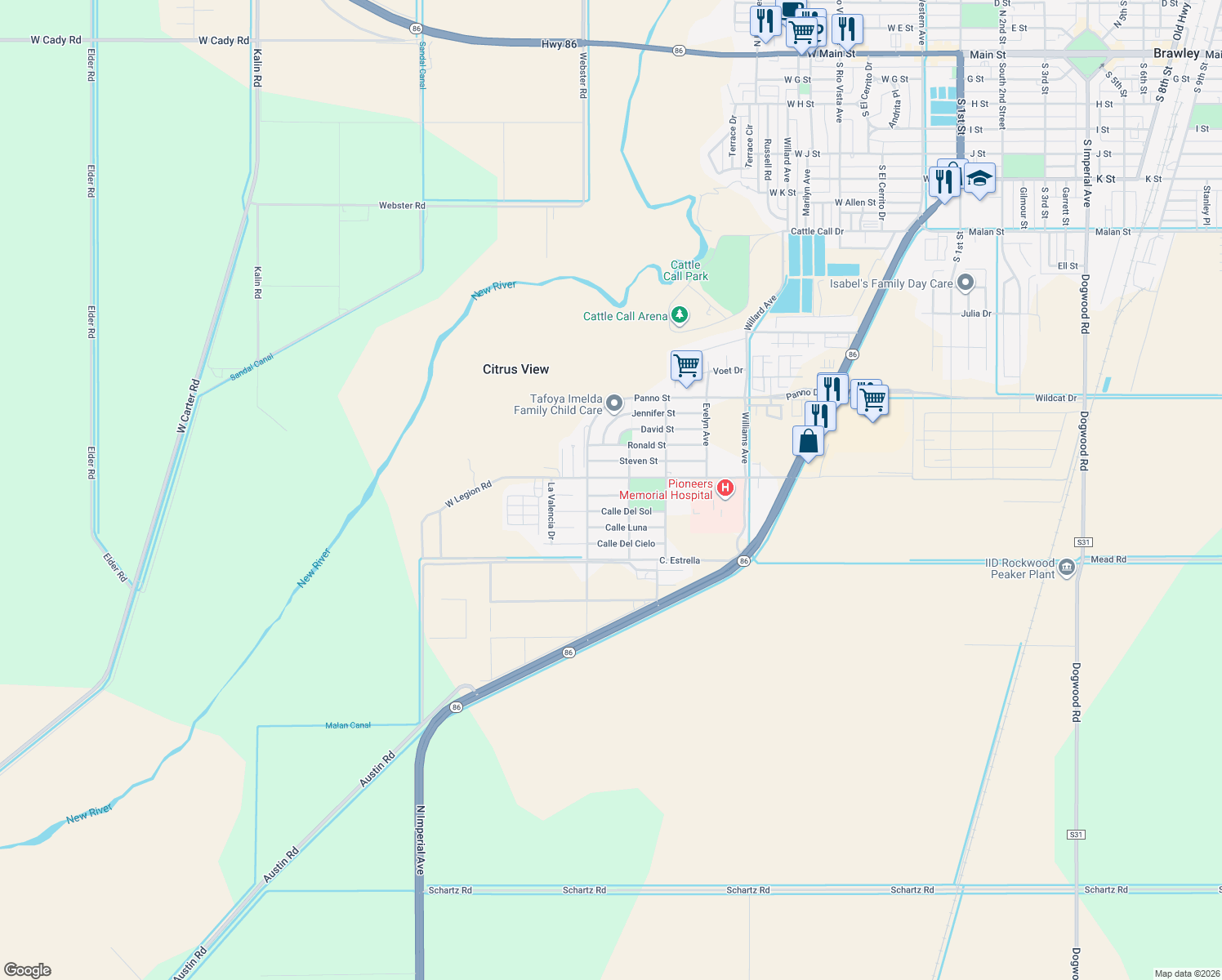 map of restaurants, bars, coffee shops, grocery stores, and more near 1033 Calle De Vida in Brawley