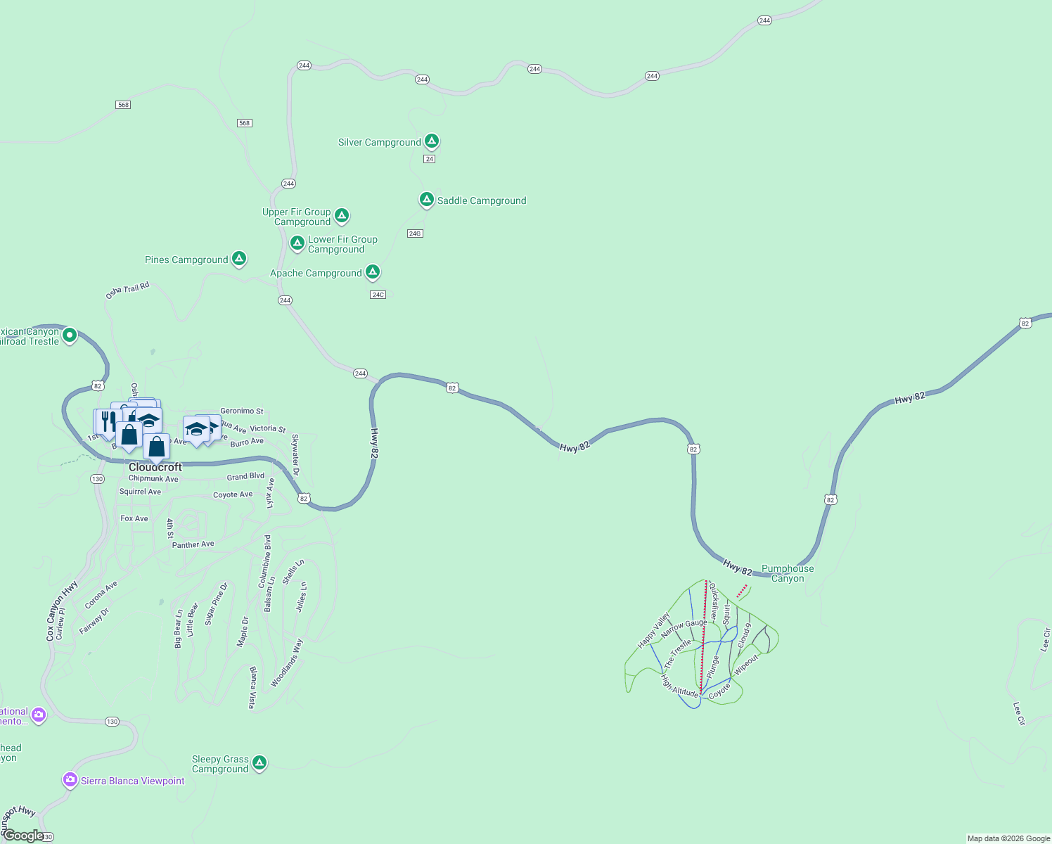 map of restaurants, bars, coffee shops, grocery stores, and more near in Cloudcroft
