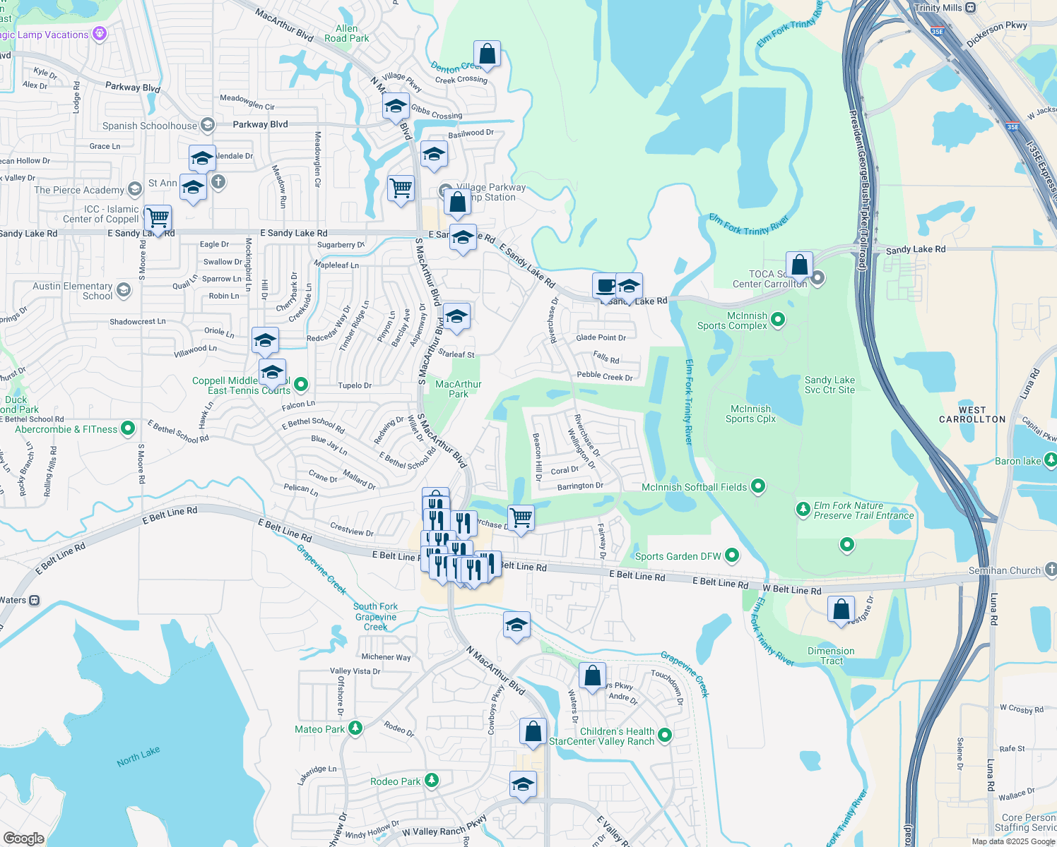 map of restaurants, bars, coffee shops, grocery stores, and more near 409 Beacon Hill Drive in Coppell