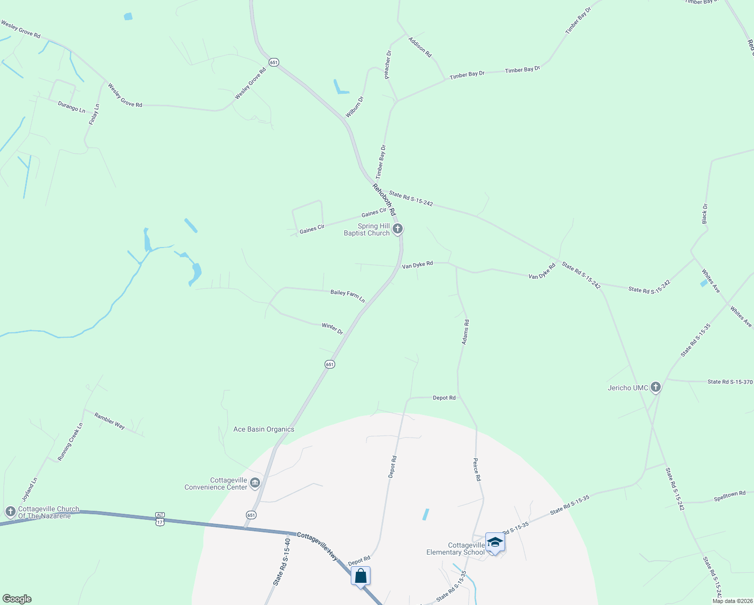 map of restaurants, bars, coffee shops, grocery stores, and more near 1292 Rehoboth Road in Cottageville