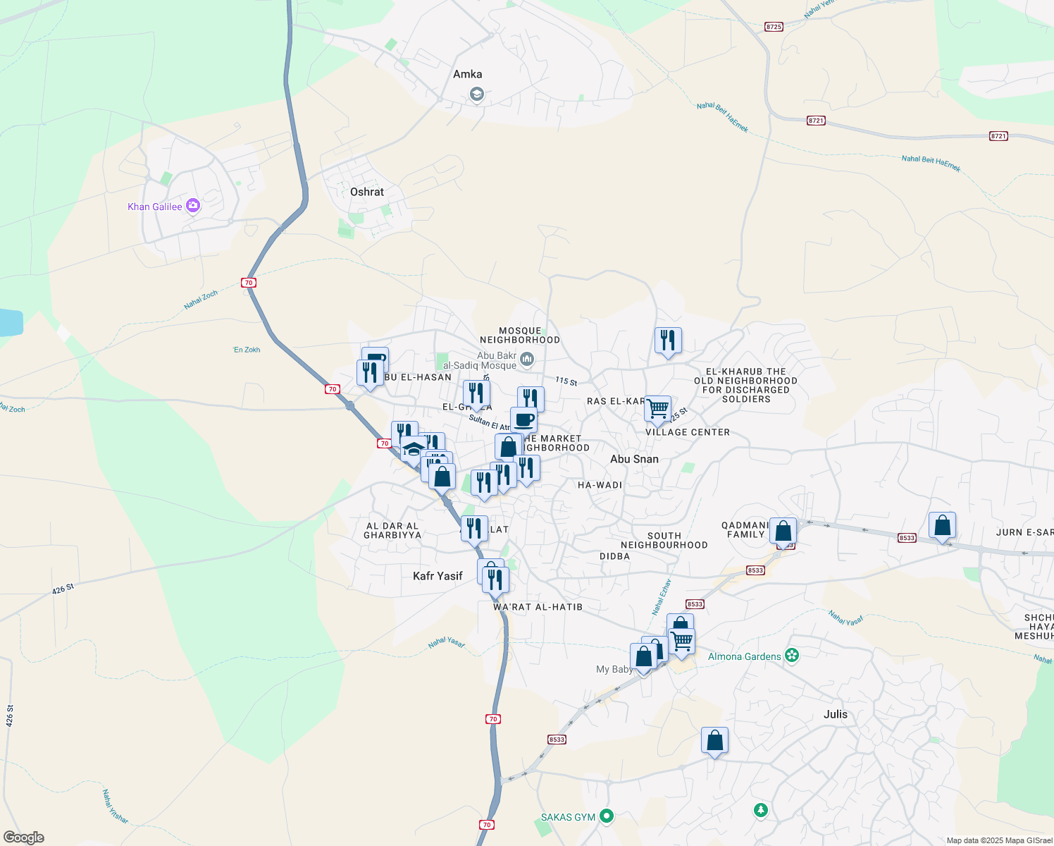 map of restaurants, bars, coffee shops, grocery stores, and more near Sultan El Atrash Street in Abu Snan