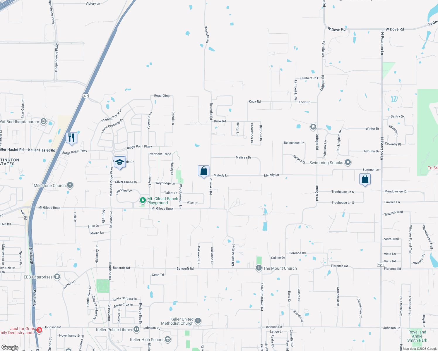 map of restaurants, bars, coffee shops, grocery stores, and more near 1105 Melody Lane in Keller