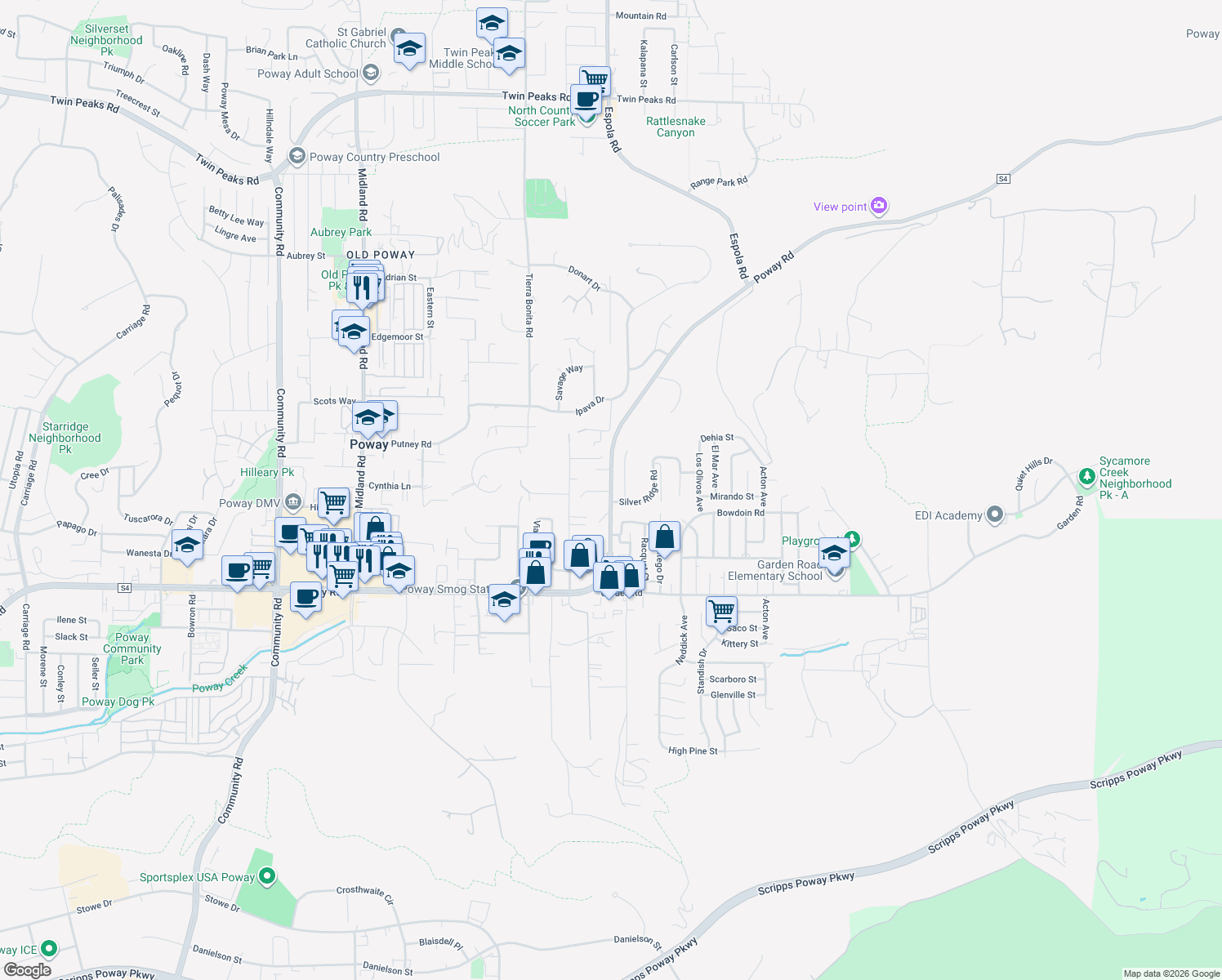 map of restaurants, bars, coffee shops, grocery stores, and more near 14380 Poway Road in Poway