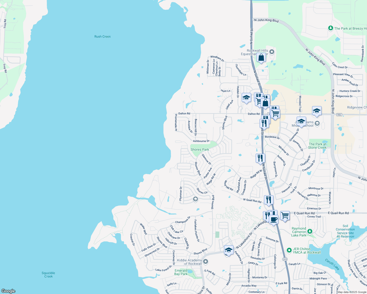 map of restaurants, bars, coffee shops, grocery stores, and more near 1405 Whitney Lakes Drive in Rockwall