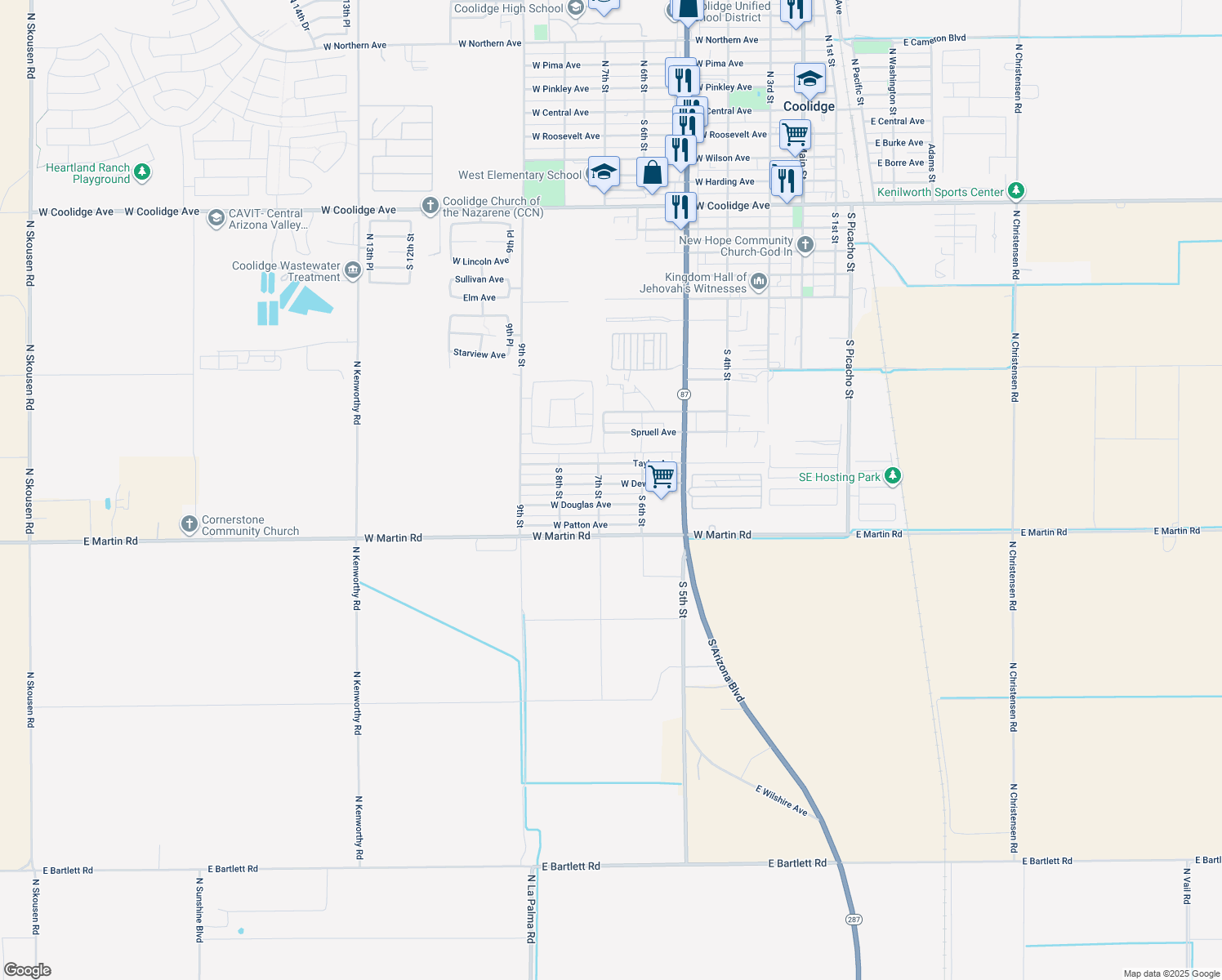 map of restaurants, bars, coffee shops, grocery stores, and more near 659 W Dewey Ave in Coolidge