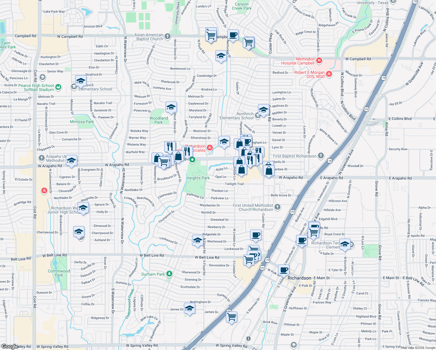 map of restaurants, bars, coffee shops, grocery stores, and more near 618 Opal Lane in Richardson