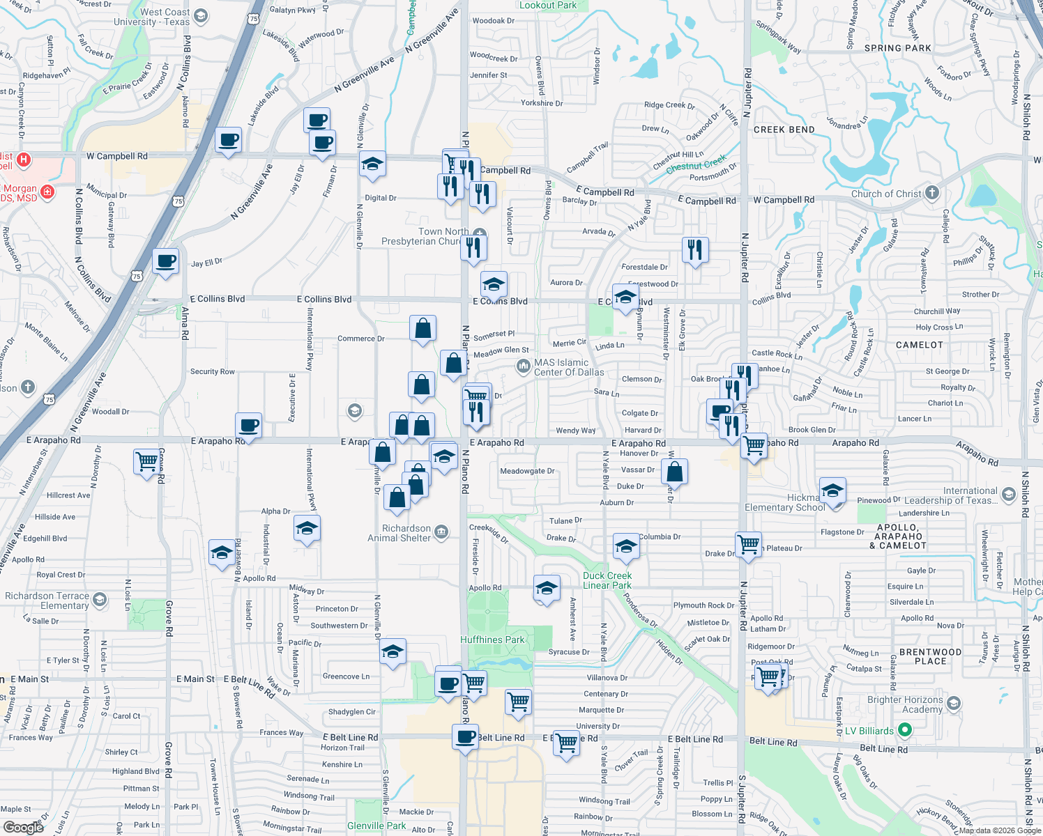 map of restaurants, bars, coffee shops, grocery stores, and more near 1011 Harness Lane in Richardson