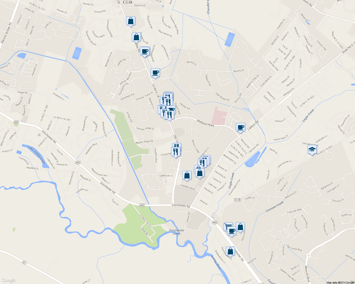 map of restaurants, bars, coffee shops, grocery stores, and more near 1645 Old Trolley Road in Summerville