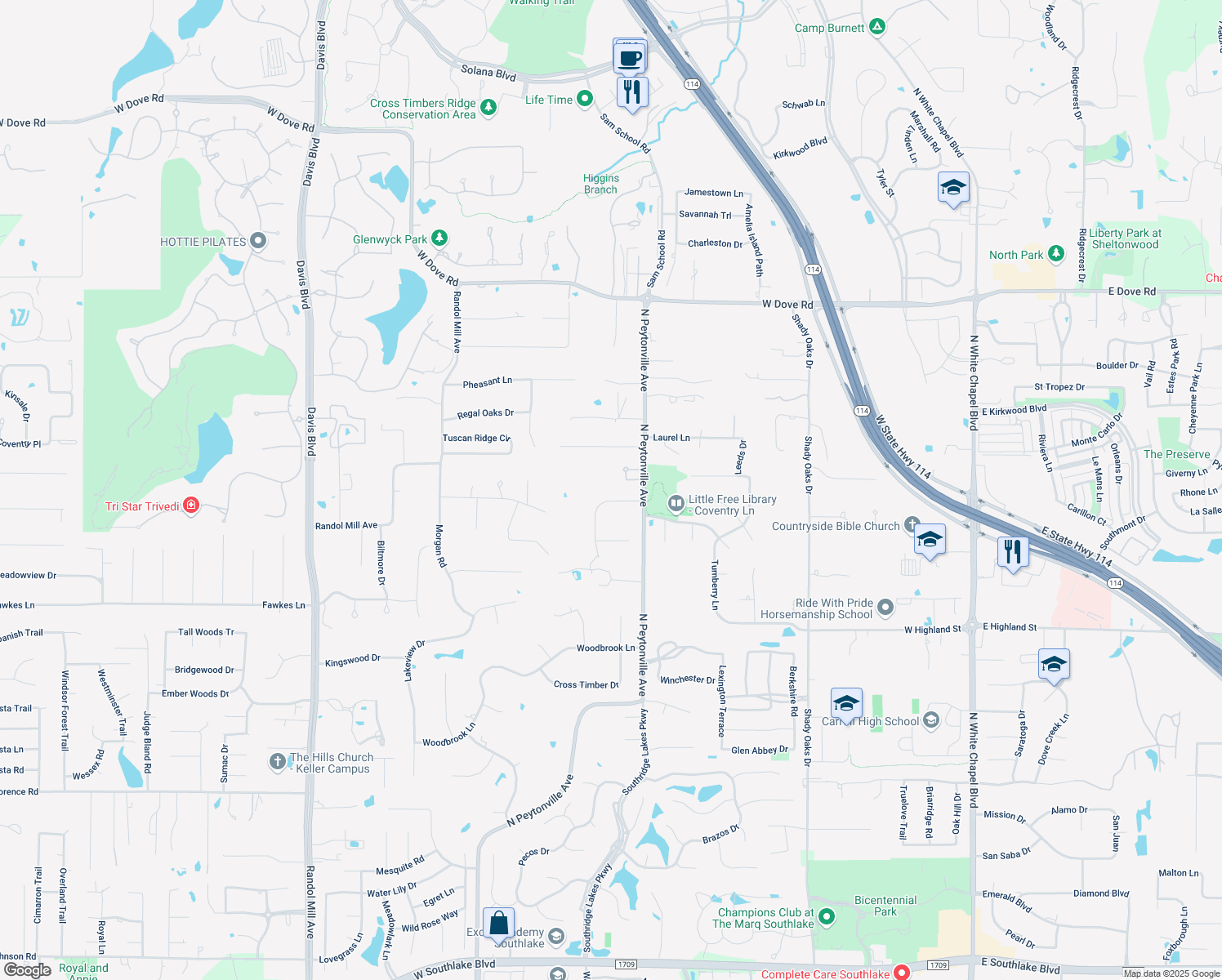 map of restaurants, bars, coffee shops, grocery stores, and more near 1280 Post Oak Trail in Southlake