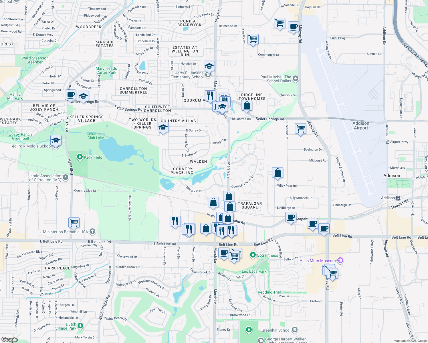 map of restaurants, bars, coffee shops, grocery stores, and more near 1731 Marsh Lane in Carrollton