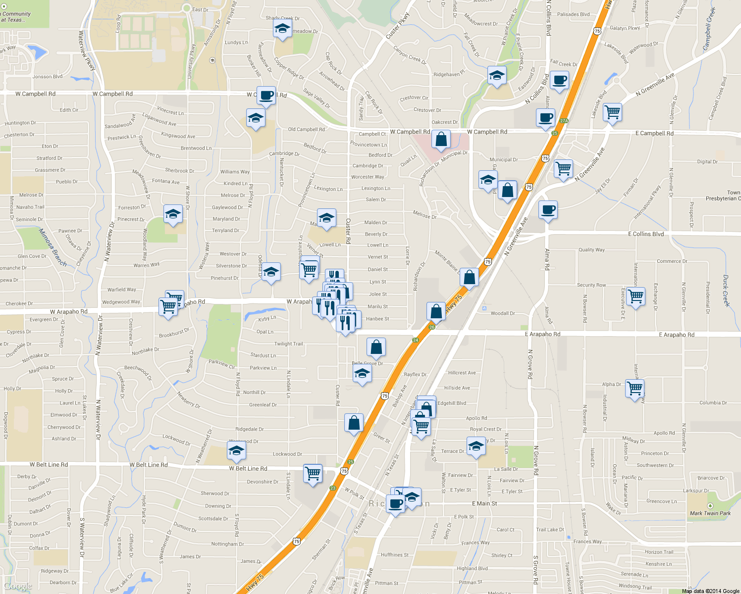 map of restaurants, bars, coffee shops, grocery stores, and more near 429 Jolee Street in Richardson