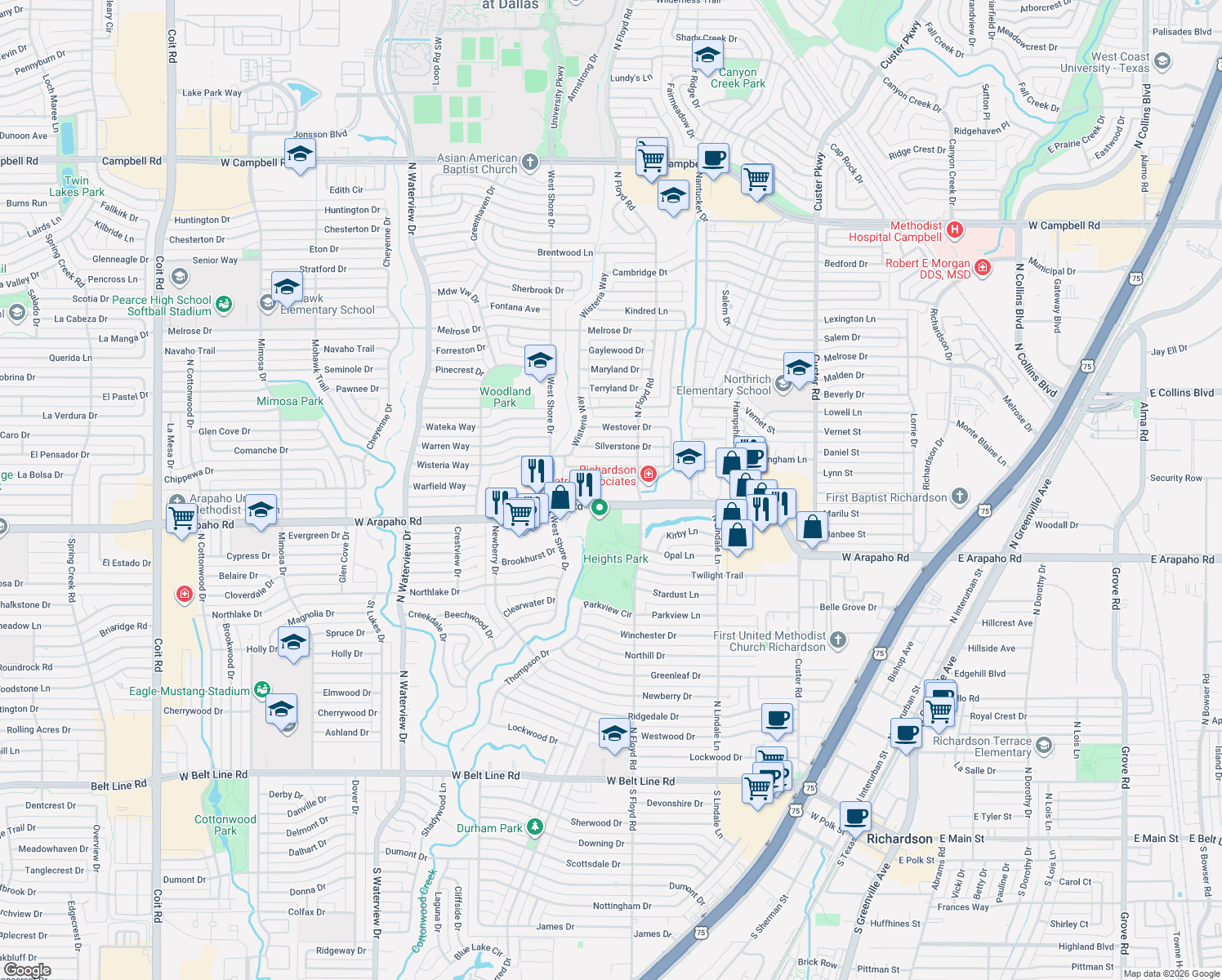 map of restaurants, bars, coffee shops, grocery stores, and more near 714 West Arapaho Road in Richardson