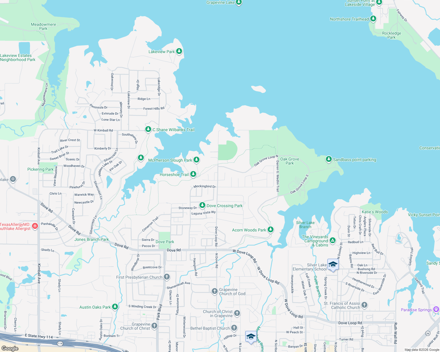 map of restaurants, bars, coffee shops, grocery stores, and more near 2410 Dove Loop Road in Grapevine