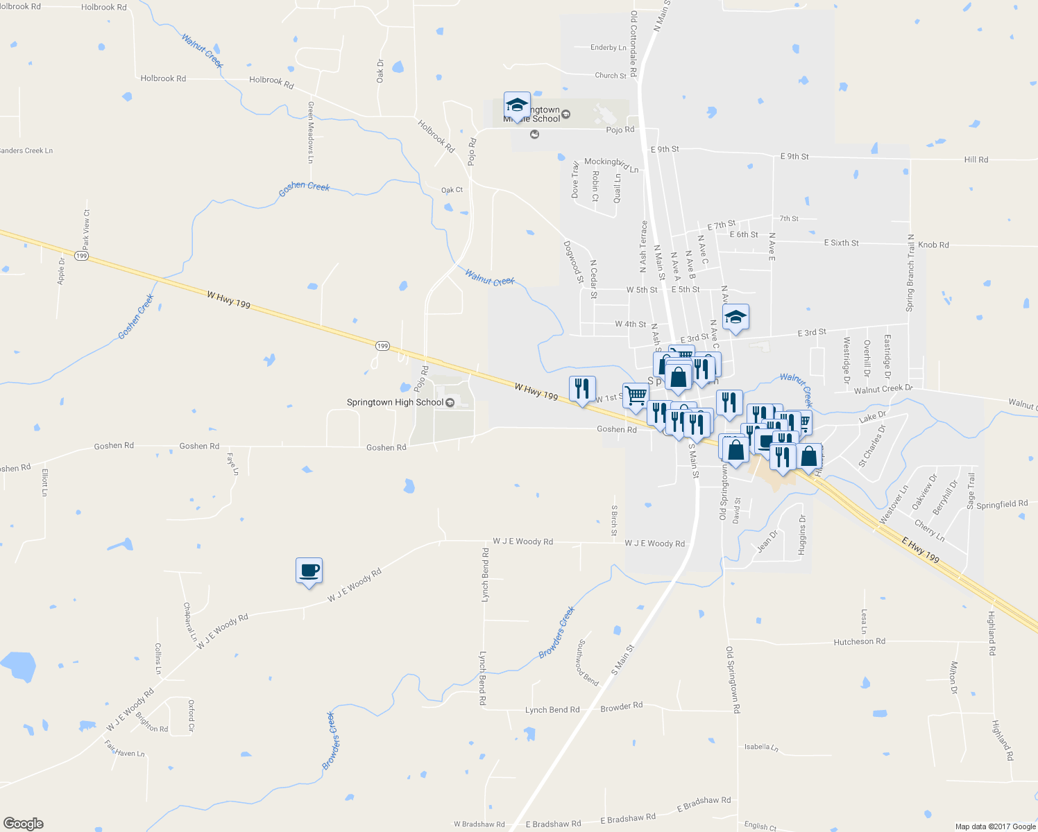 map of restaurants, bars, coffee shops, grocery stores, and more near 600 Goshen Road in Springtown