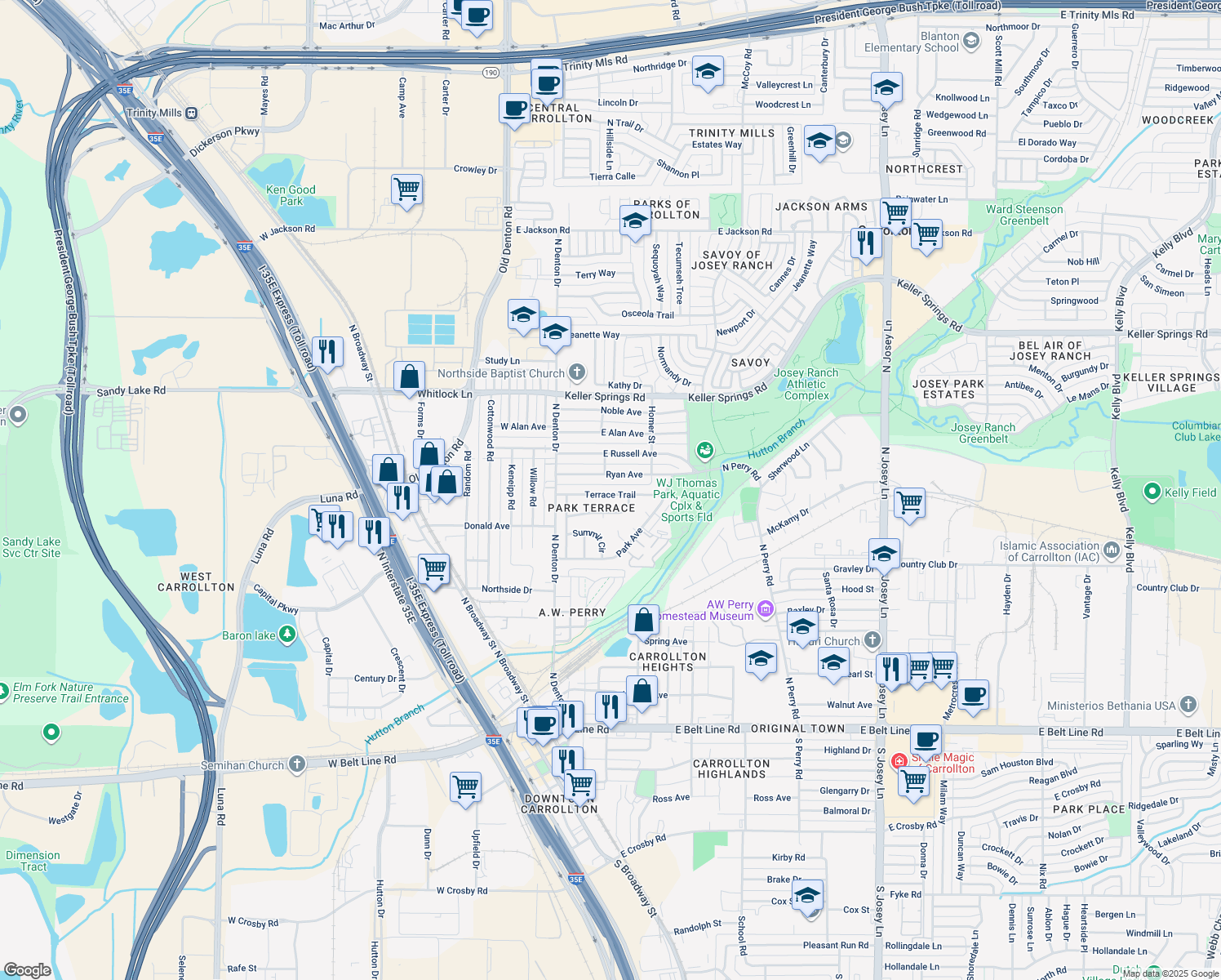 map of restaurants, bars, coffee shops, grocery stores, and more near 1025 Terrace Trail in Carrollton