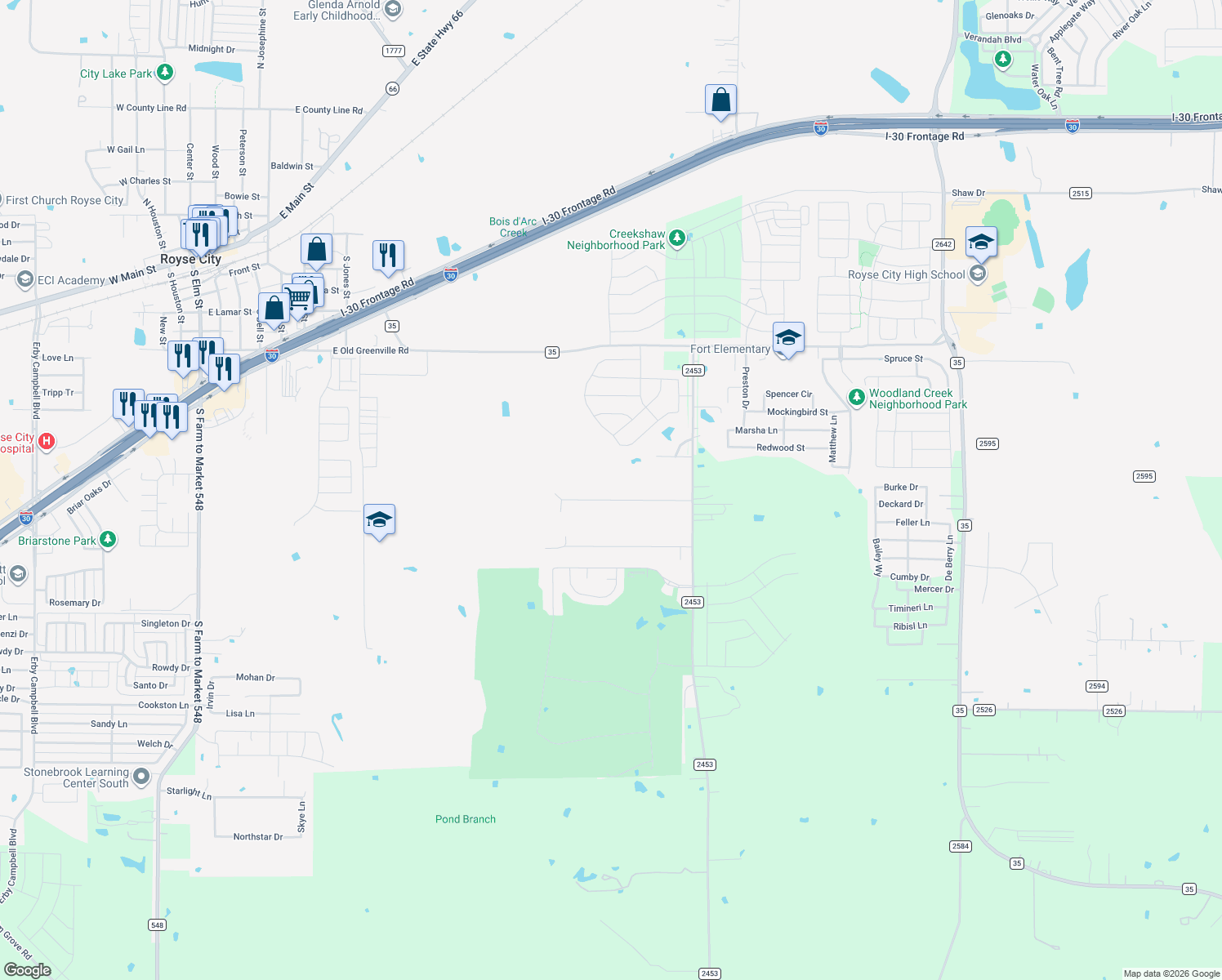 map of restaurants, bars, coffee shops, grocery stores, and more near 1800 Ranch Rd in Royse City