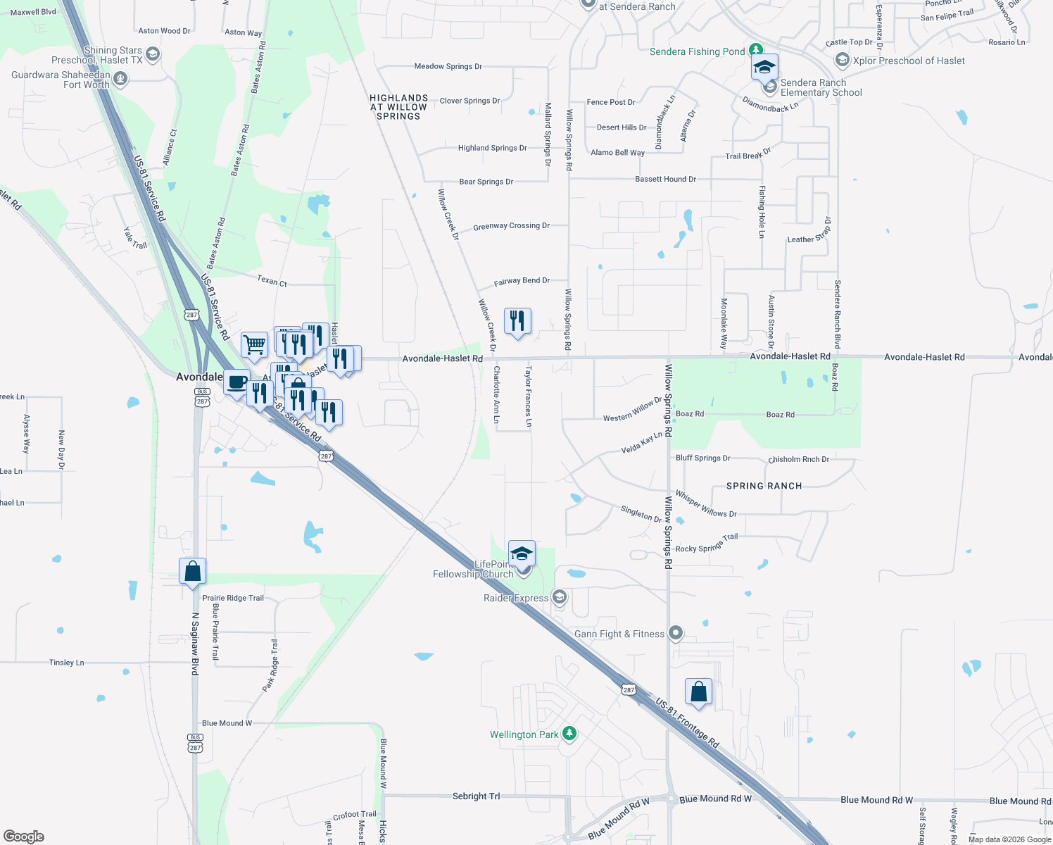 map of restaurants, bars, coffee shops, grocery stores, and more near 1800 Florance Ann Ln in Haslet