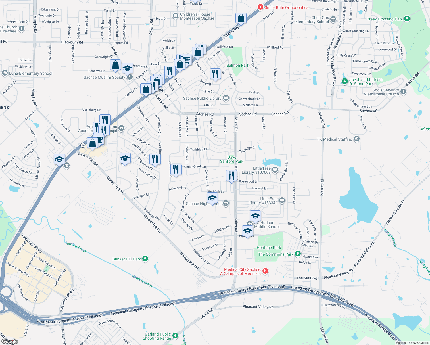 map of restaurants, bars, coffee shops, grocery stores, and more near 4706 Cedar Creek Cir in Sachse