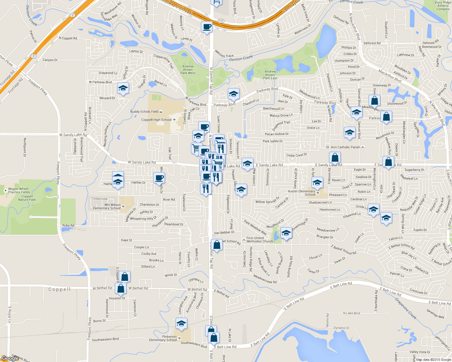 map of restaurants, bars, coffee shops, grocery stores, and more near 140 Glenwood Dr in Coppell