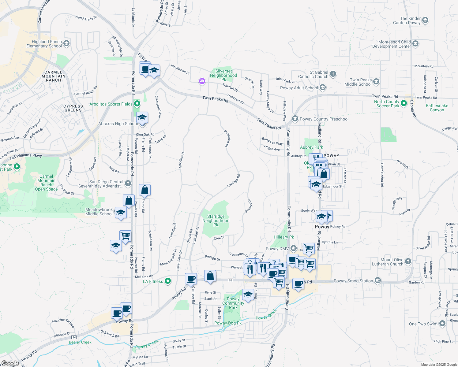 map of restaurants, bars, coffee shops, grocery stores, and more near 13958 Carriage Road in Poway