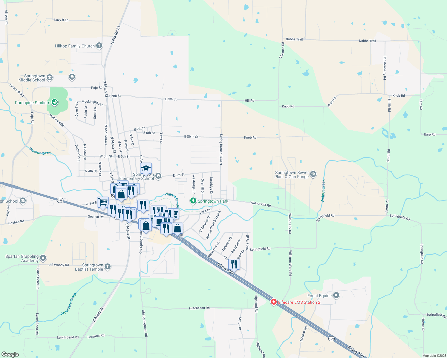 map of restaurants, bars, coffee shops, grocery stores, and more near 206 Spring Branch Trail North in Springtown