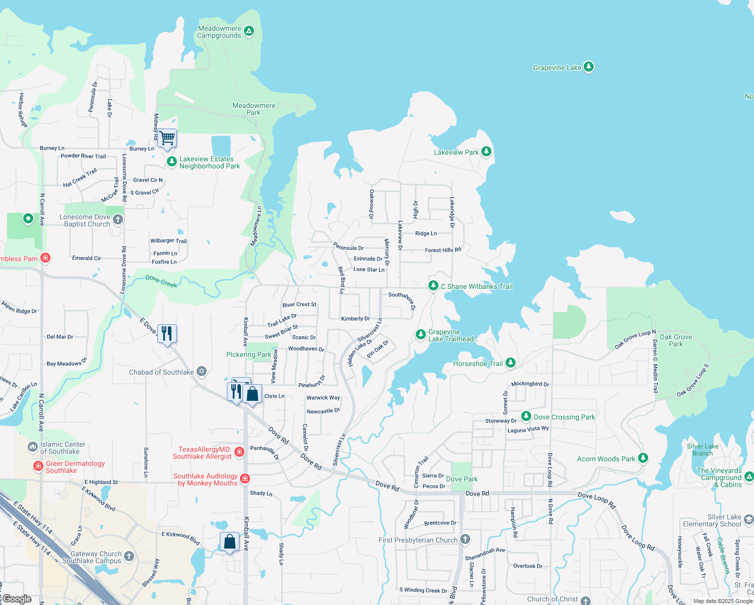 map of restaurants, bars, coffee shops, grocery stores, and more near 2933 Silvercrest Ln in Grapevine
