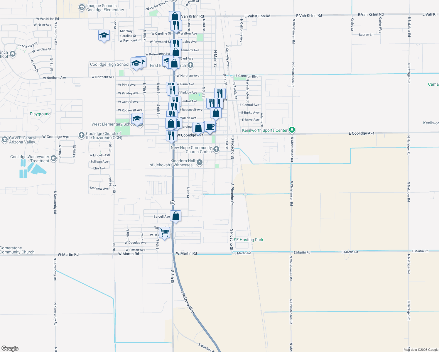 map of restaurants, bars, coffee shops, grocery stores, and more near 925 South Main Street in Coolidge