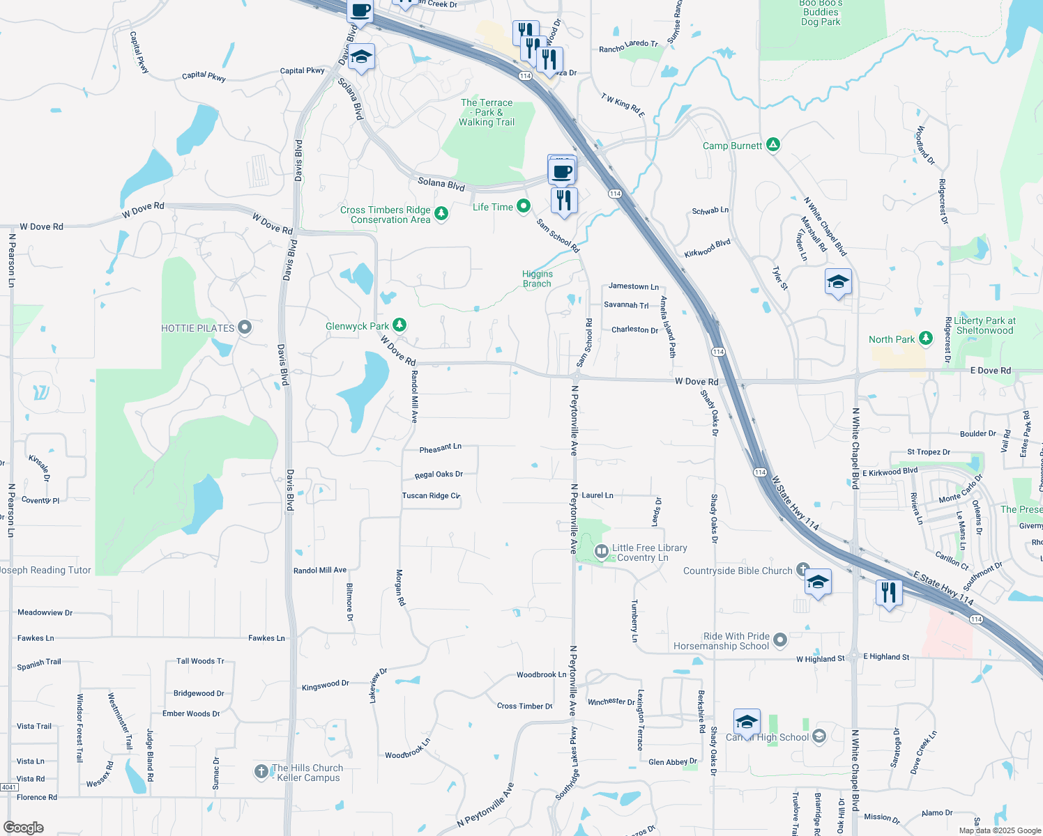 map of restaurants, bars, coffee shops, grocery stores, and more near 1621 Mockingbird Lane in Southlake
