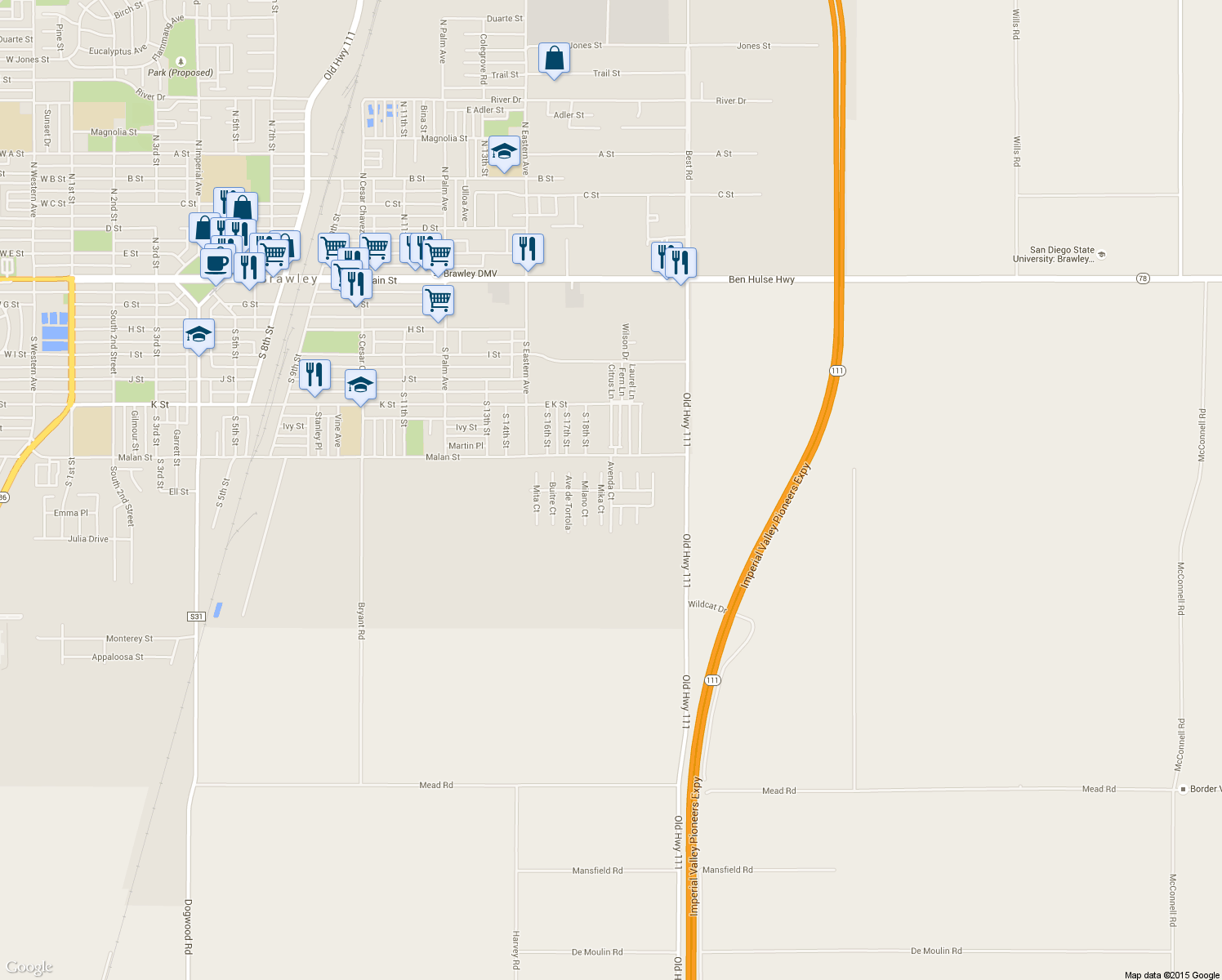 map of restaurants, bars, coffee shops, grocery stores, and more near Avenda Ct in Brawley