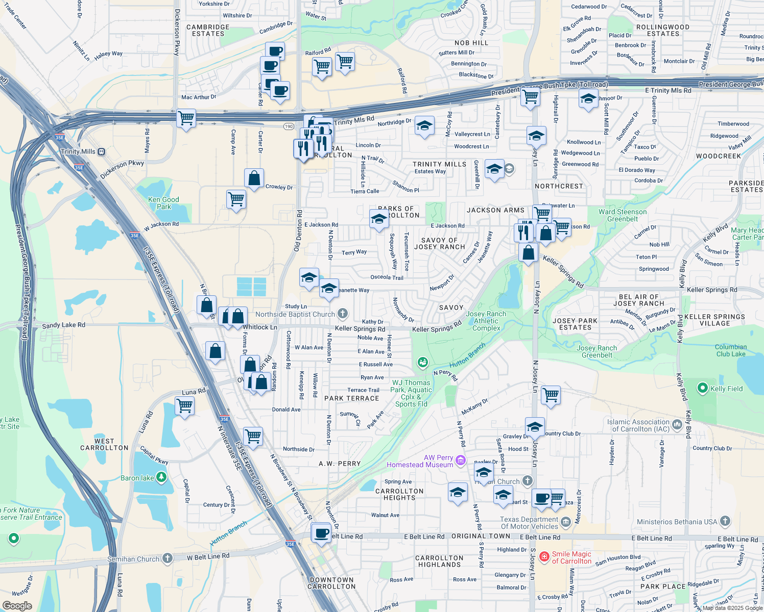 map of restaurants, bars, coffee shops, grocery stores, and more near 1207 Brittainy Drive in Carrollton