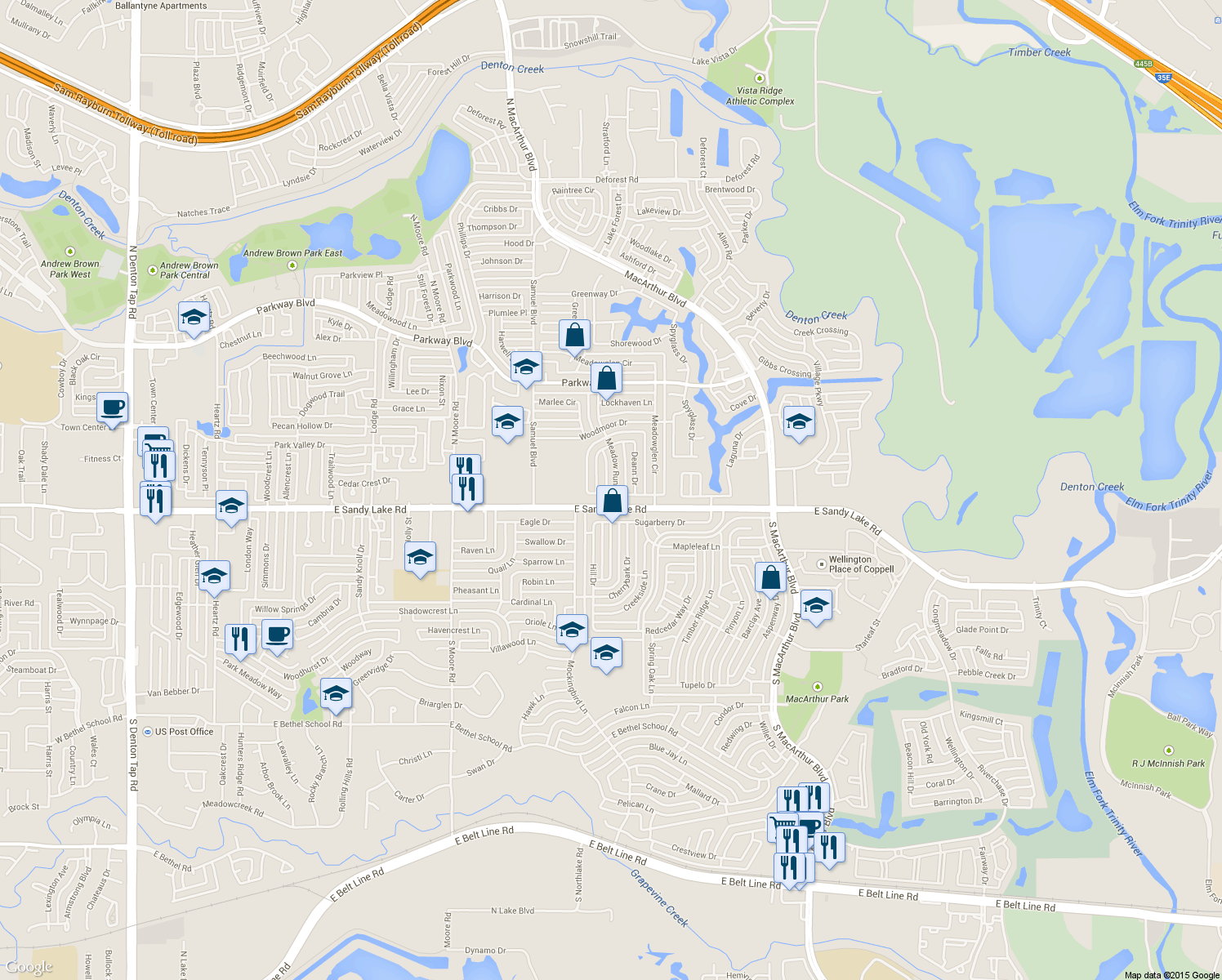 map of restaurants, bars, coffee shops, grocery stores, and more near 101-145 Lansdowne Circle in Coppell
