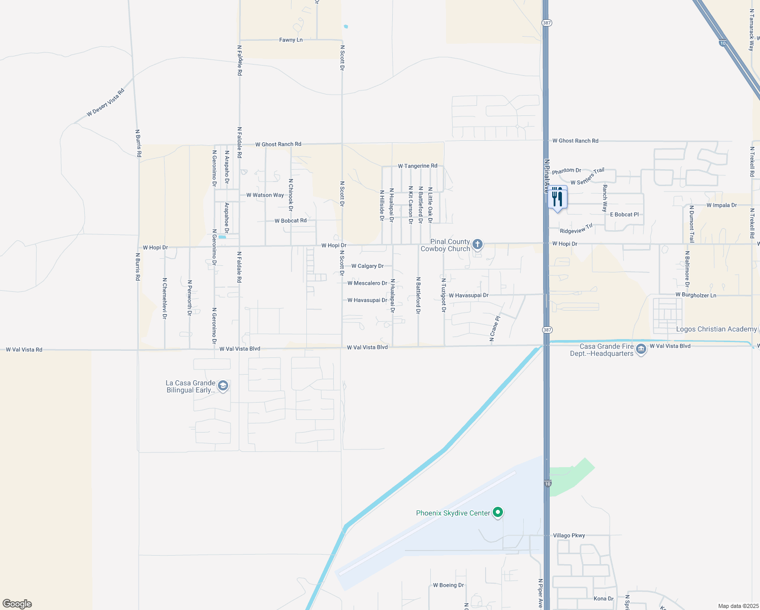 map of restaurants, bars, coffee shops, grocery stores, and more near 18937 W Havasupai Dr in Casa Grande