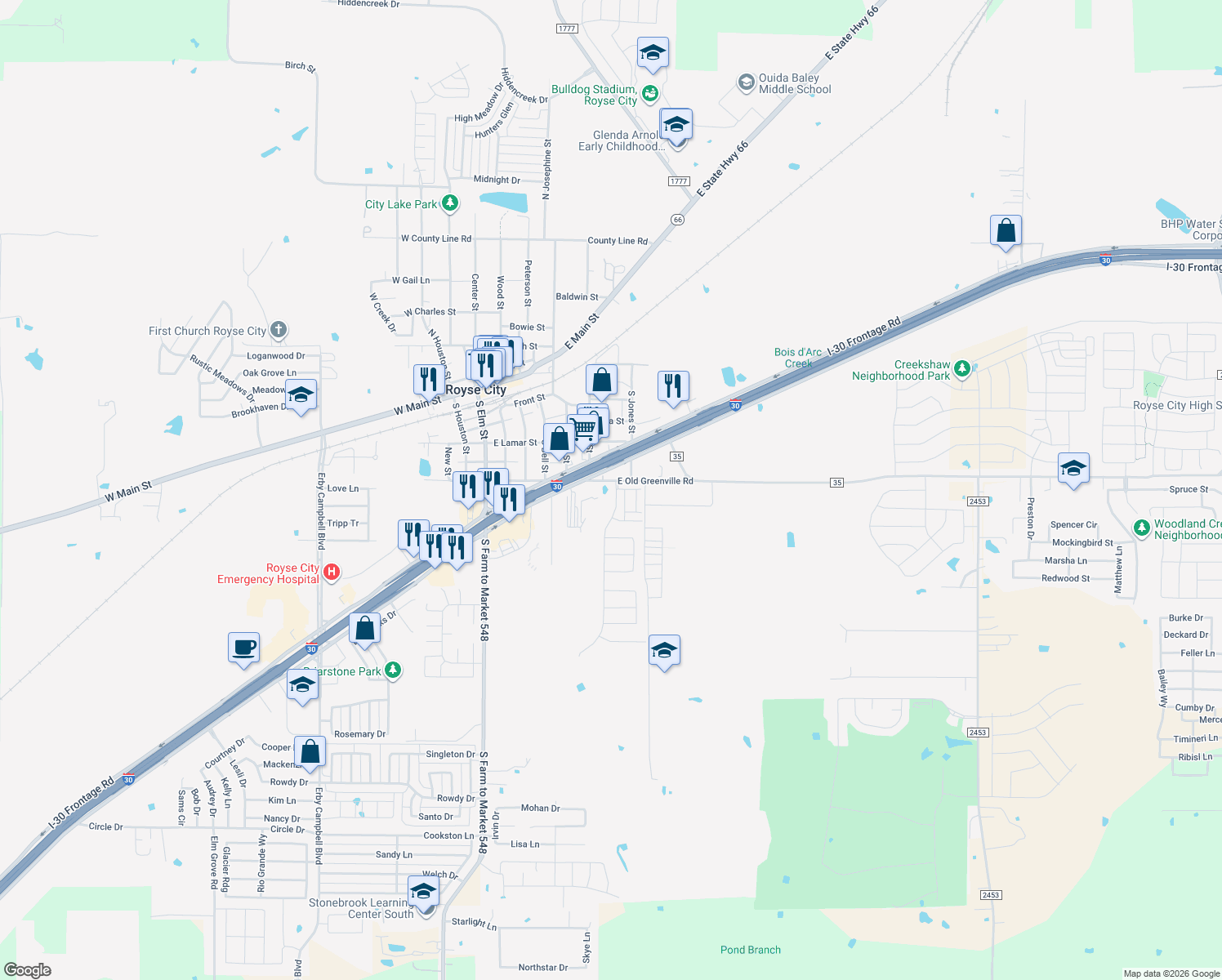 map of restaurants, bars, coffee shops, grocery stores, and more near 601 East Old Greenville Road in Royse City