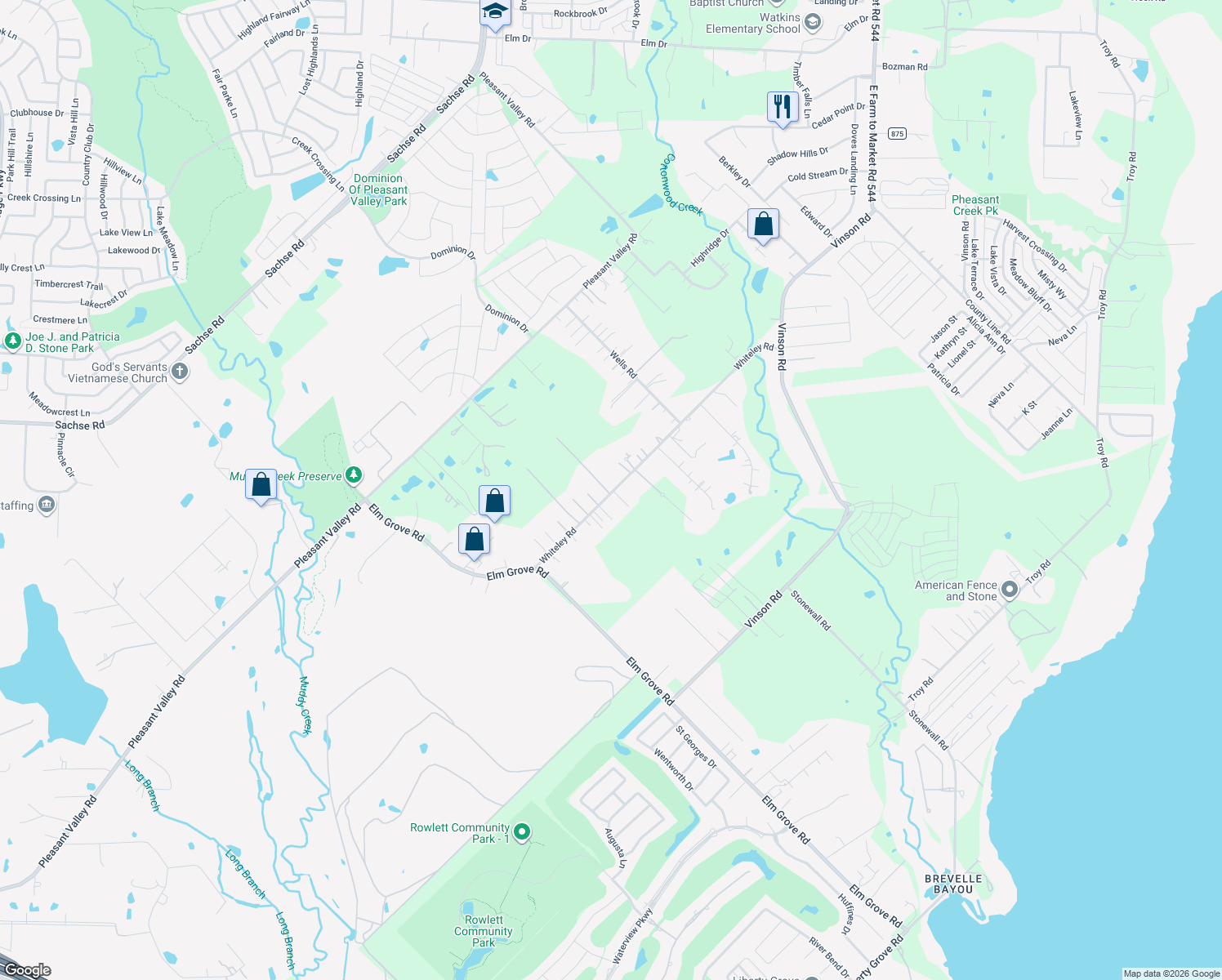 map of restaurants, bars, coffee shops, grocery stores, and more near 3275 Whiteley Road in Wylie