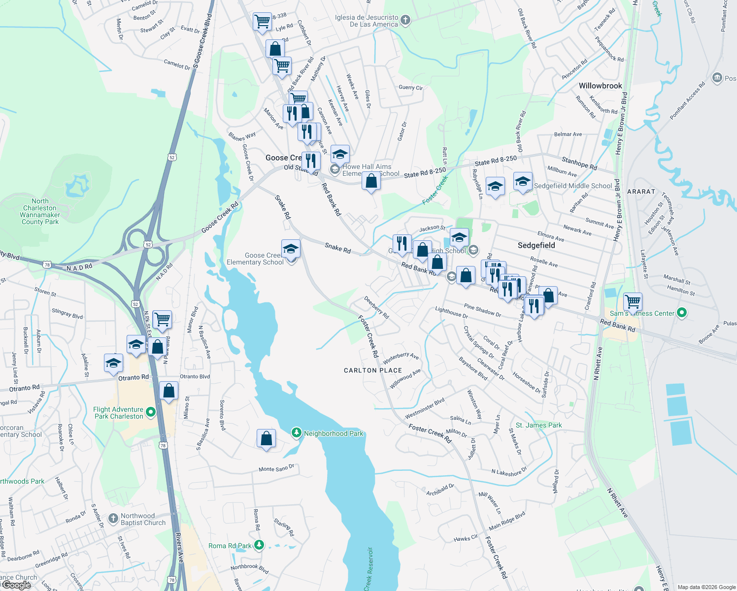 map of restaurants, bars, coffee shops, grocery stores, and more near 1026 Deerberry Road in Goose Creek