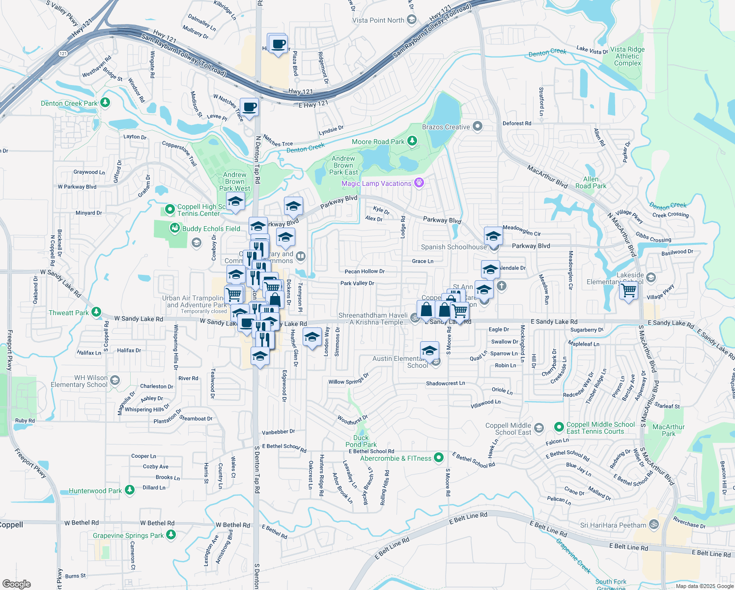 map of restaurants, bars, coffee shops, grocery stores, and more near 132 Sand Point Court in Coppell