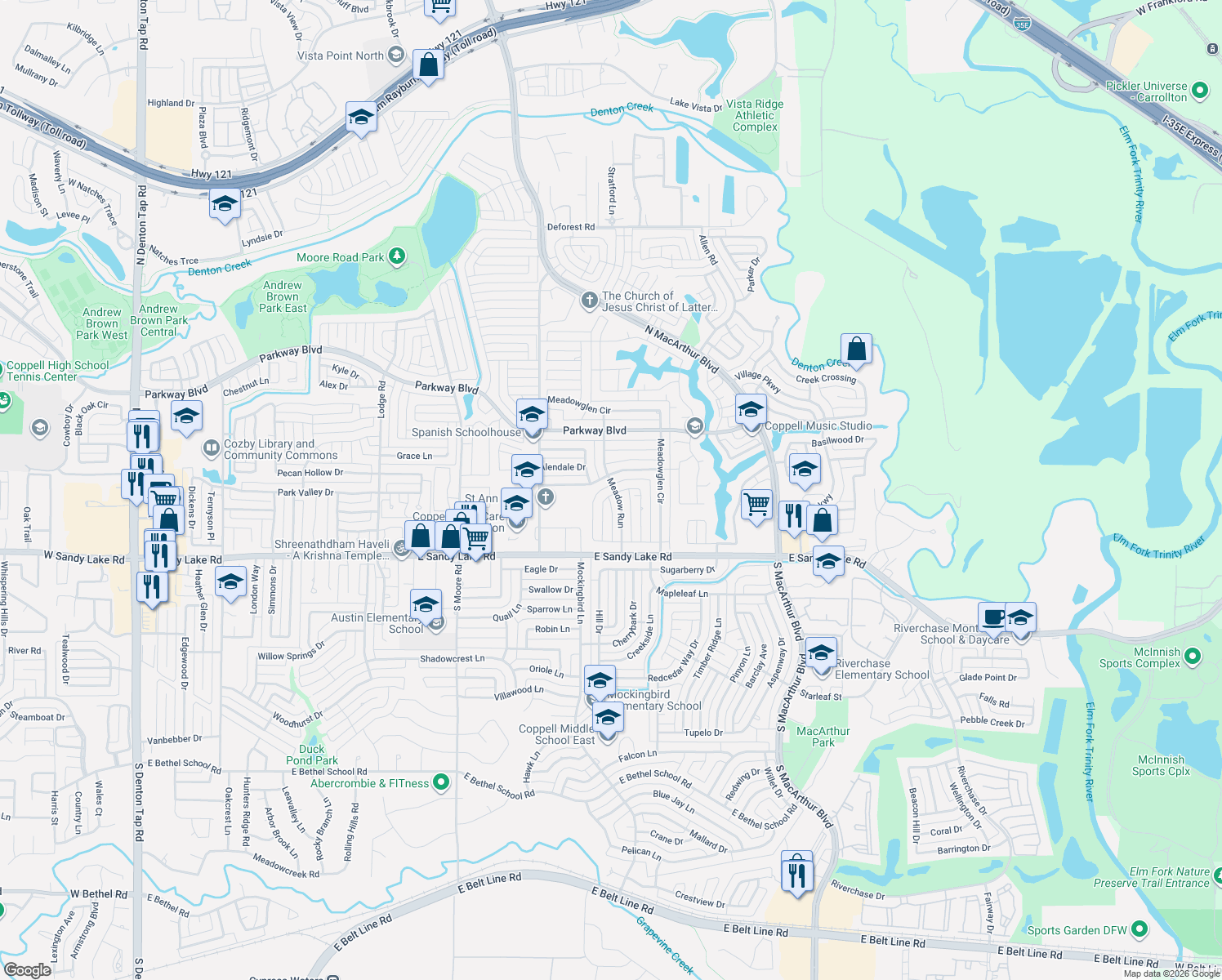 map of restaurants, bars, coffee shops, grocery stores, and more near 145 Lansdowne Circle in Coppell