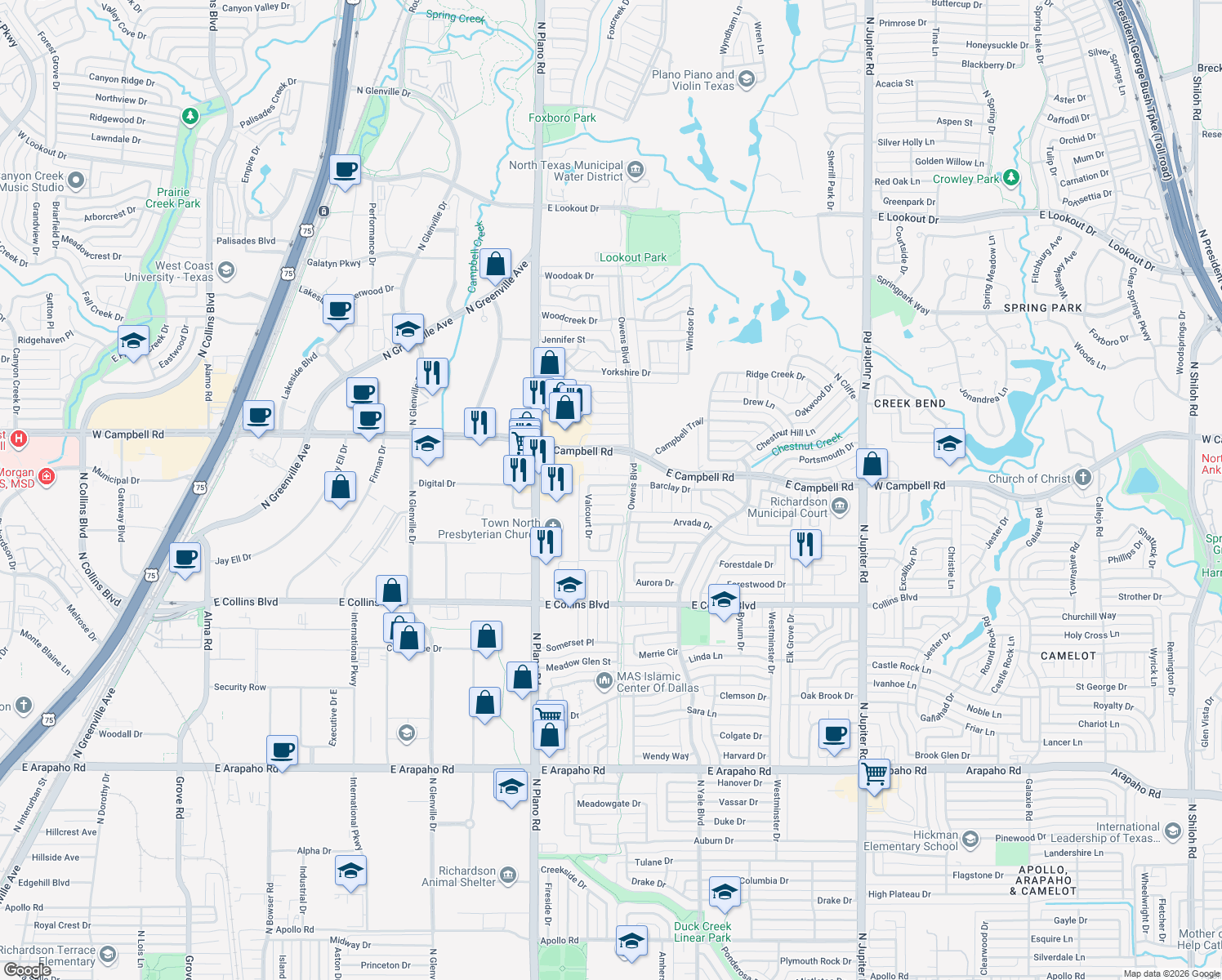map of restaurants, bars, coffee shops, grocery stores, and more near 1508 Barclay Drive in Richardson