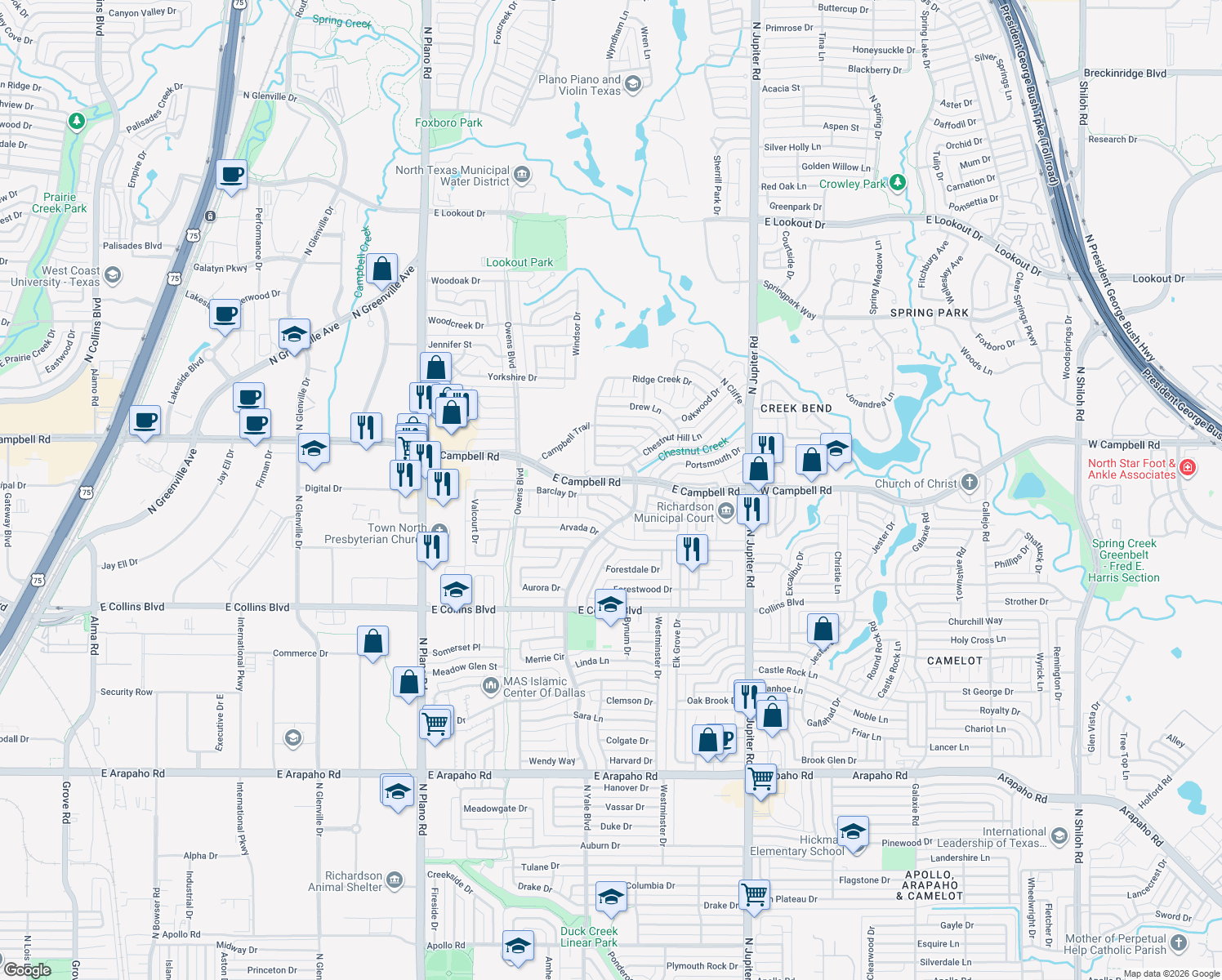map of restaurants, bars, coffee shops, grocery stores, and more near 1717 Barclay Drive in Richardson