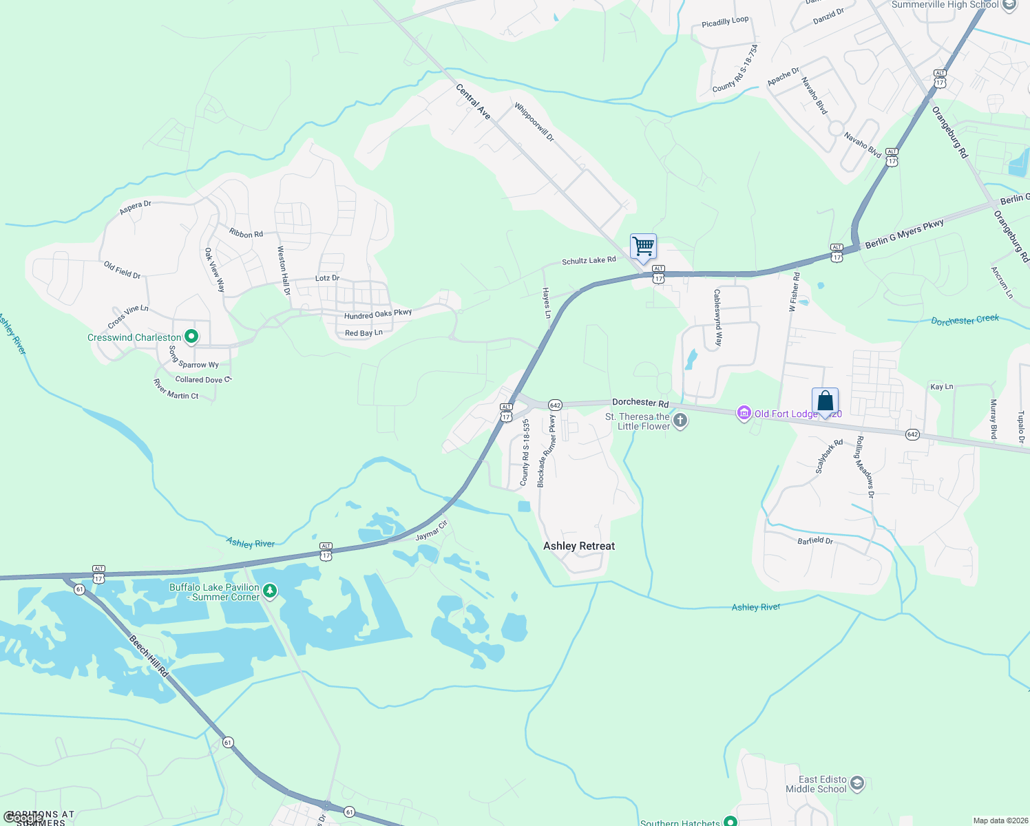 map of restaurants, bars, coffee shops, grocery stores, and more near Hwy 17a S in Summerville