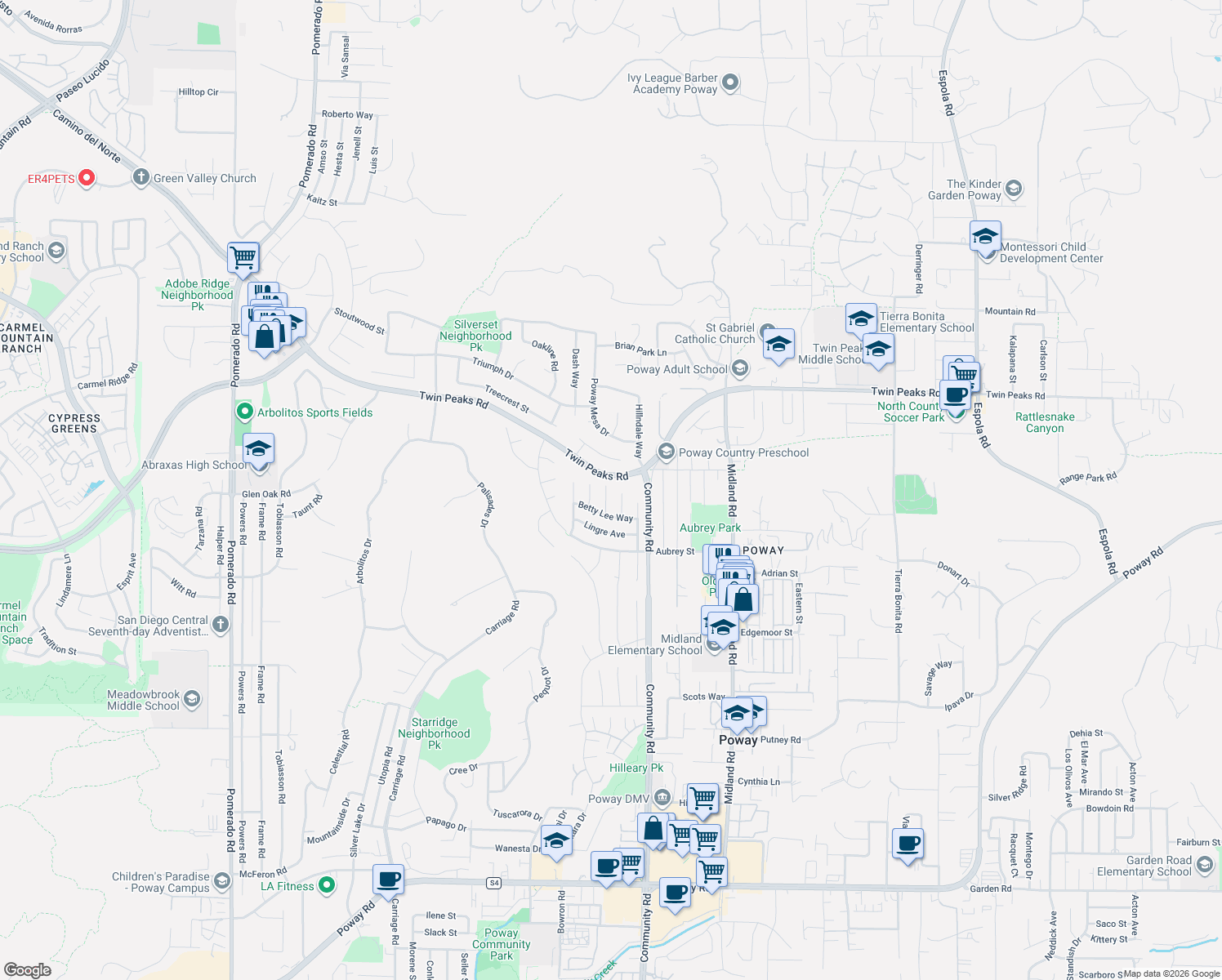 map of restaurants, bars, coffee shops, grocery stores, and more near 14349 Aedan Court in Poway