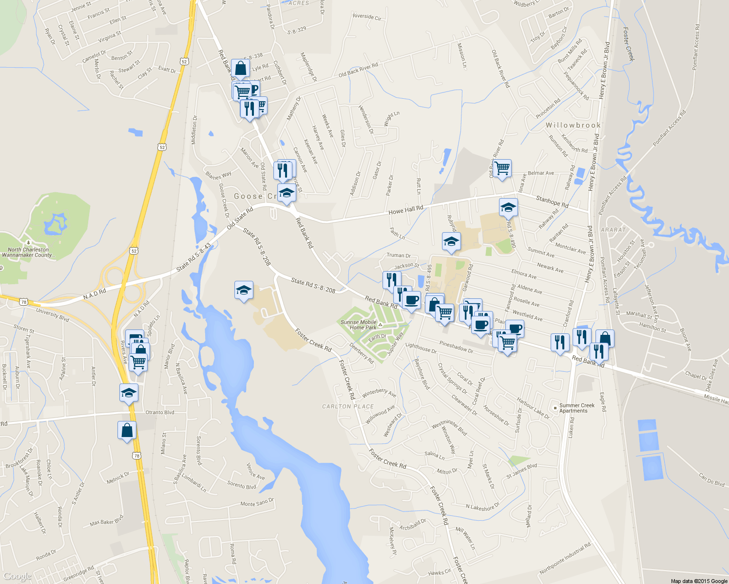 map of restaurants, bars, coffee shops, grocery stores, and more near 907 Red Bank Road in Goose Creek