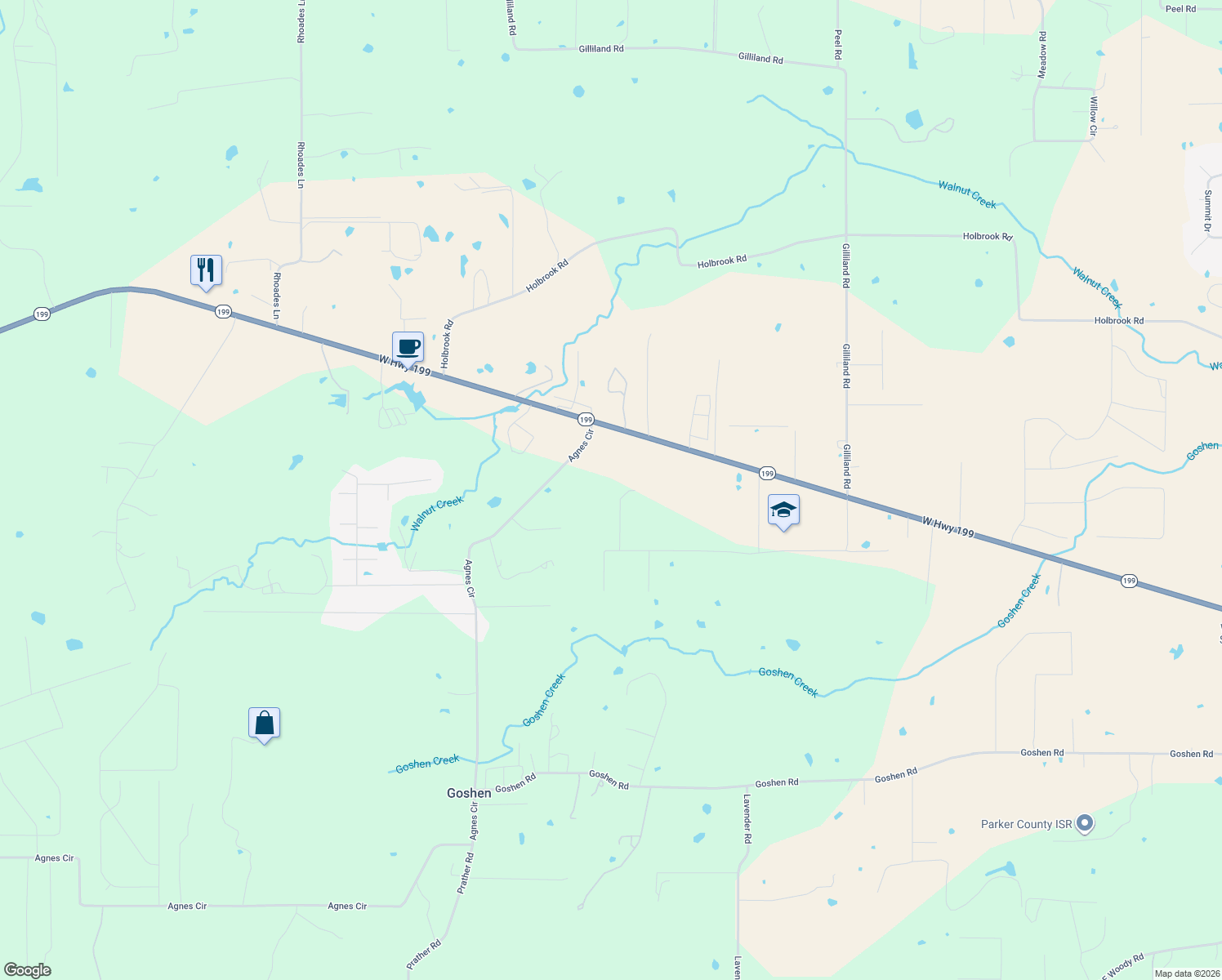 map of restaurants, bars, coffee shops, grocery stores, and more near 225 Oak St in Springtown