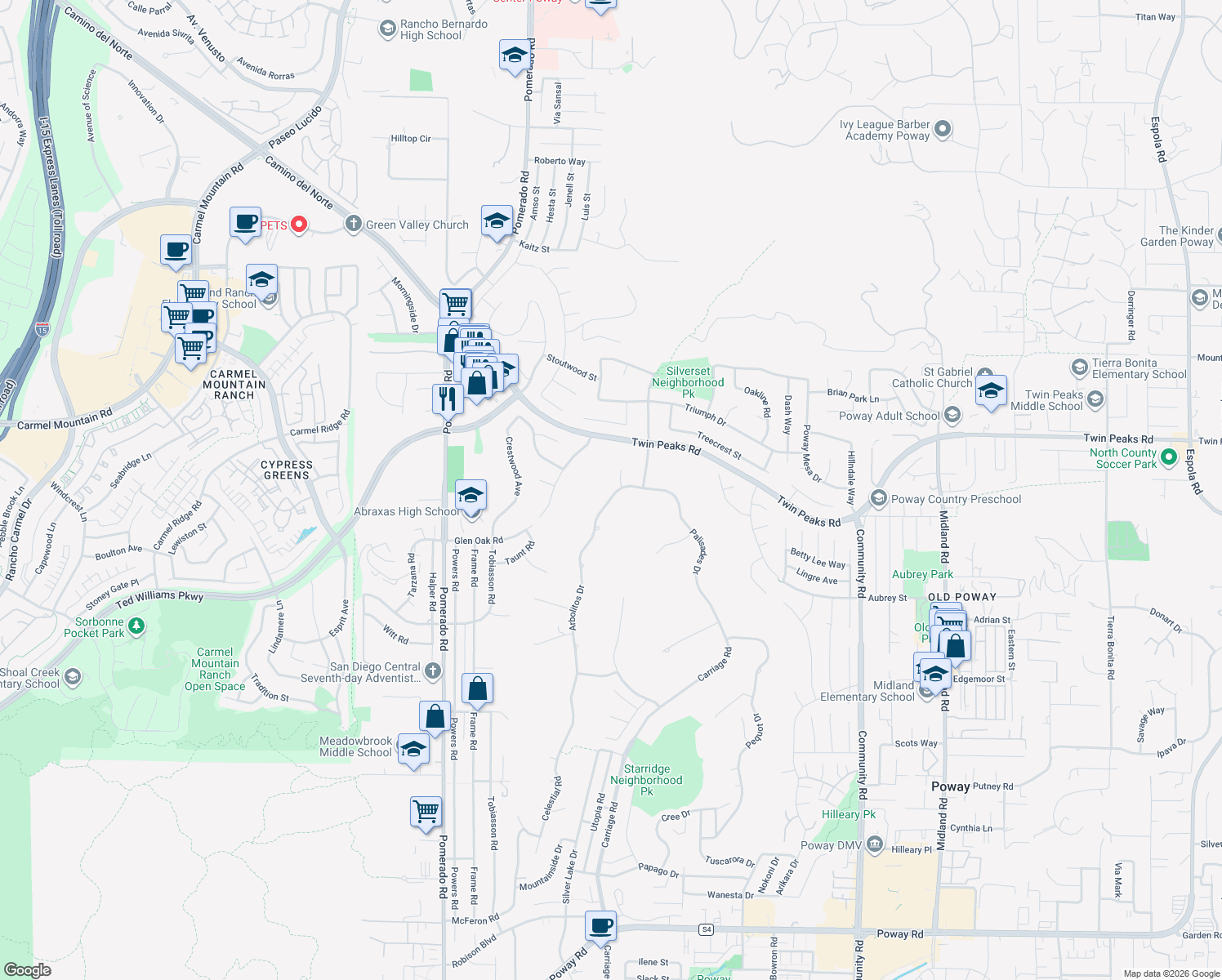 map of restaurants, bars, coffee shops, grocery stores, and more near 14258 Arbolitos Drive in Poway